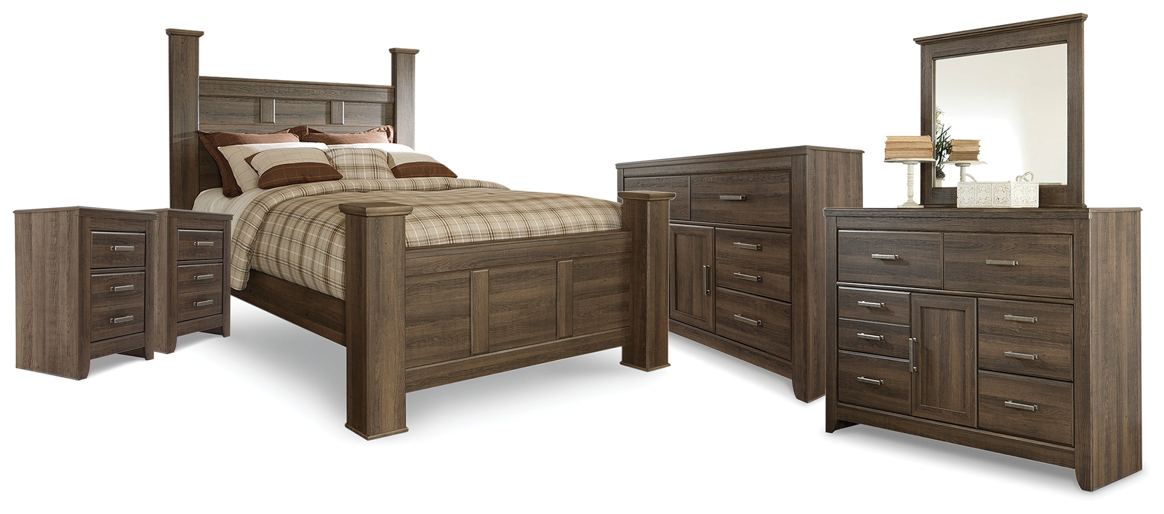Diamond Furniture - Ashley Furniture - Juararo Queen Poster Bed, 2 Dressers, Mirror and 2 Nightstands - Queen Poster Bed, 2 Dressers, Mirror and 2 Nightstands - B251B41