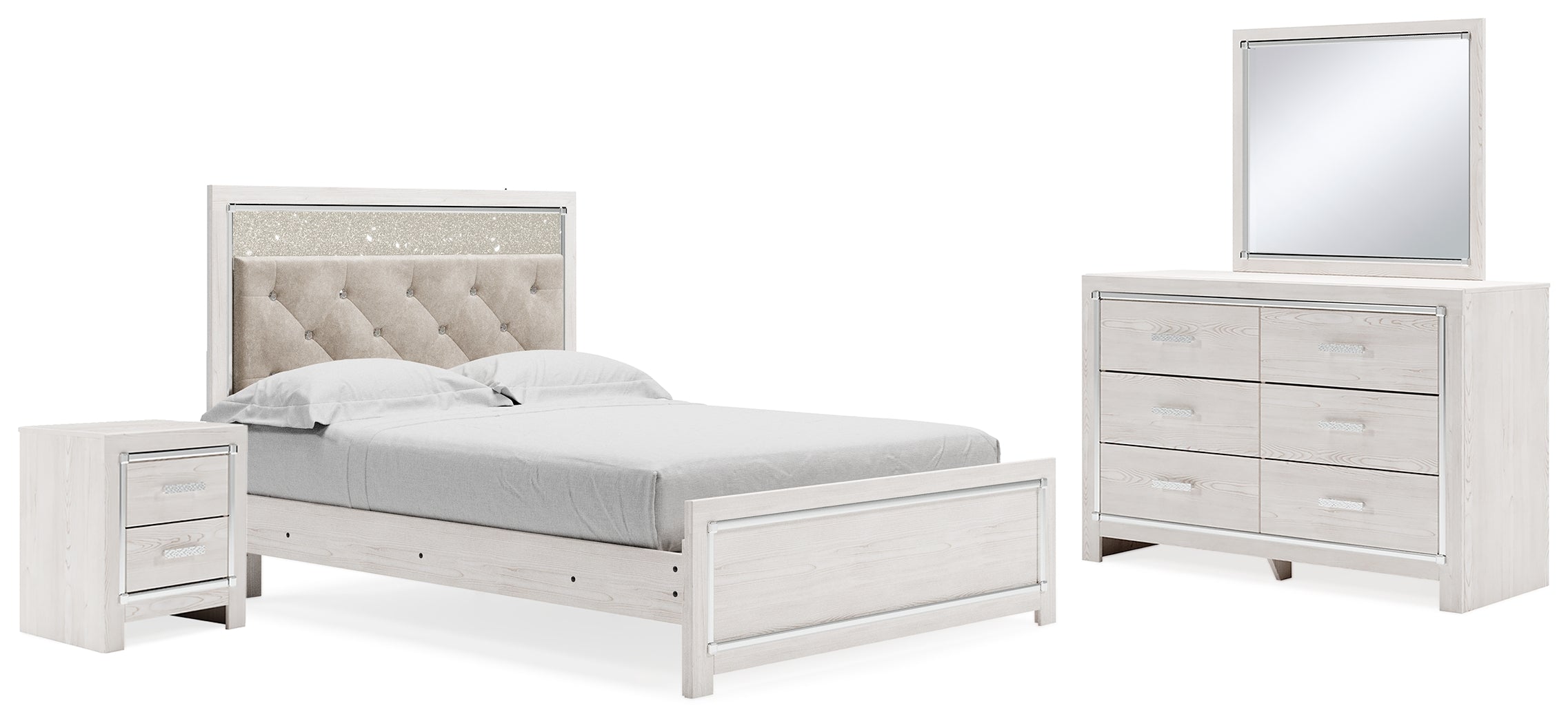Diamond Furniture - Ashley Furniture - Altyra Queen Upholstered Panel Bed, Dresser, Mirror, and Nightstand - Queen Upholstered Panel Bed, Dresser, Mirror, and Nightstand - B2640B33