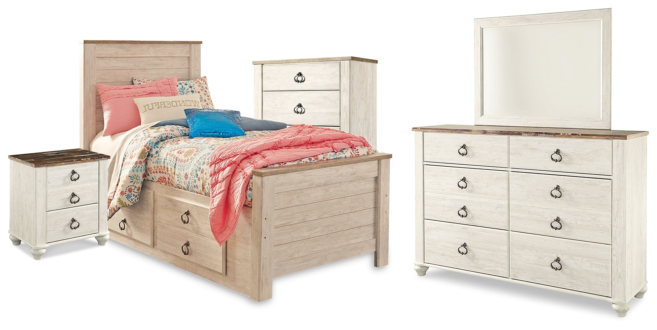 Diamond Furniture - Ashley Furniture - Willowton Twin Bed with Storage, Dresser, Mirror, Chest and Nightstand - Twin Bed with Storage, Dresser, Mirror, Chest and Nightstand - B267B65