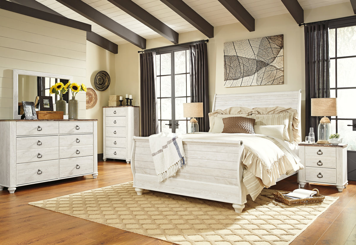 Diamond Furniture - Ashley Furniture - Willowton Queen Sleigh Bed, 2 Dressers, Mirror, Chest and 2 Nightstands - Queen Sleigh Bed, 2 Dressers, Mirror, Chest and 2 Nightstands - B267B39