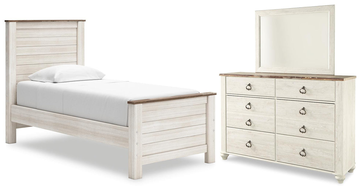 Diamond Furniture - Ashley Furniture - Willowton Twin Panel Bed, Dresser and Mirror - Twin Panel Bed, Dresser and Mirror - B267B51