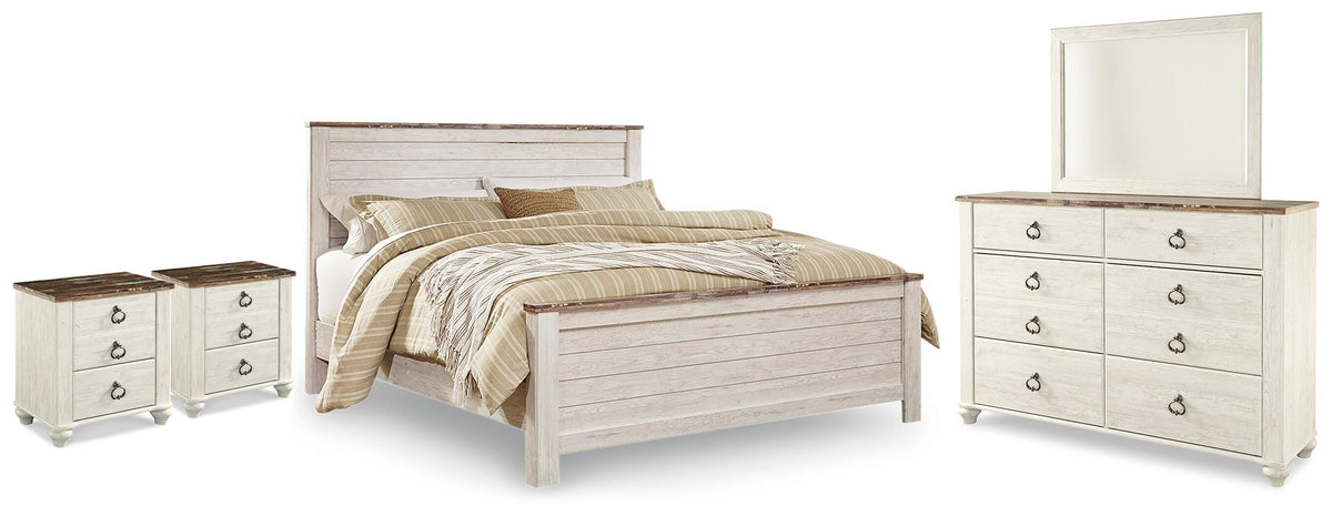 Diamond Furniture - Ashley Furniture - Willowton King Panel Bed, Dresser, Mirror and 2 Nightstands - King Panel Bed, Dresser, Mirror and 2 Nightstands - B267B75