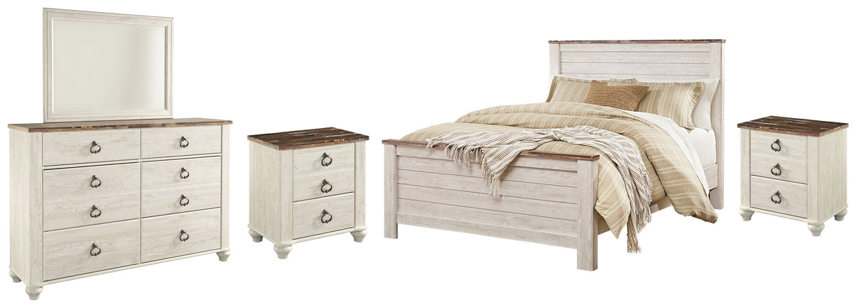 Diamond Furniture - Ashley Furniture - Willowton Queen Panel Bed, Dresser, Mirror and 2 Nightstands - Queen Panel Bed, Dresser, Mirror and 2 Nightstands - B267B35
