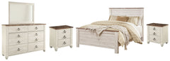 Diamond Furniture - Ashley Furniture - Willowton Queen Panel Bed, Dresser, Mirror and 2 Nightstands - Queen Panel Bed, Dresser, Mirror and 2 Nightstands - B267B35