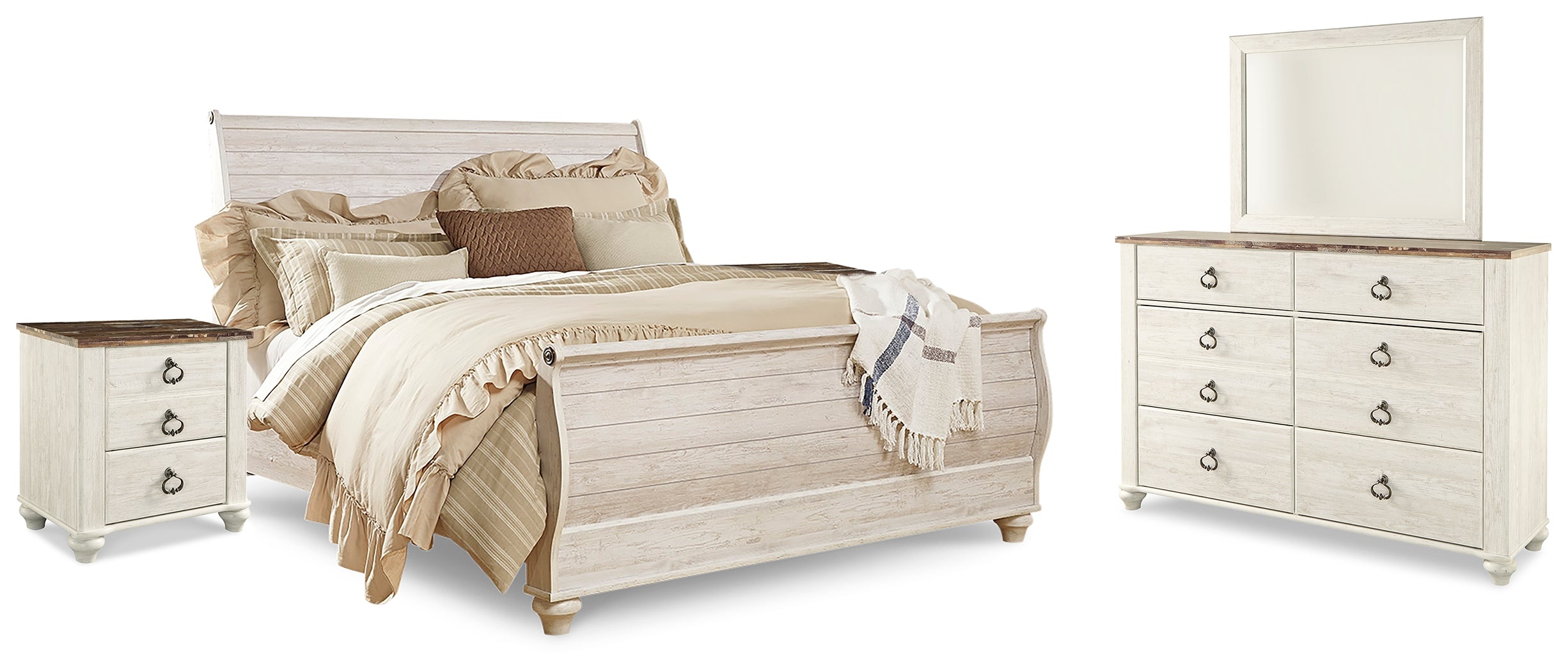 Diamond Furniture - Ashley Furniture - Willowton King Sleigh Bed, Dresser, Mirror and 2 Nightstands - King Sleigh Bed, Dresser, Mirror and 2 Nightstands - B267B46