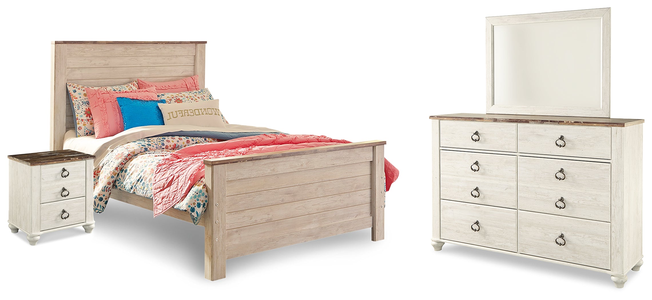 Diamond Furniture - Ashley Furniture - Willowton Full Panel Bed, Dresser, Mirror, Chest and Nightstand - Full Panel Bed, Dresser, Mirror, Chest and Nightstand - B267B64
