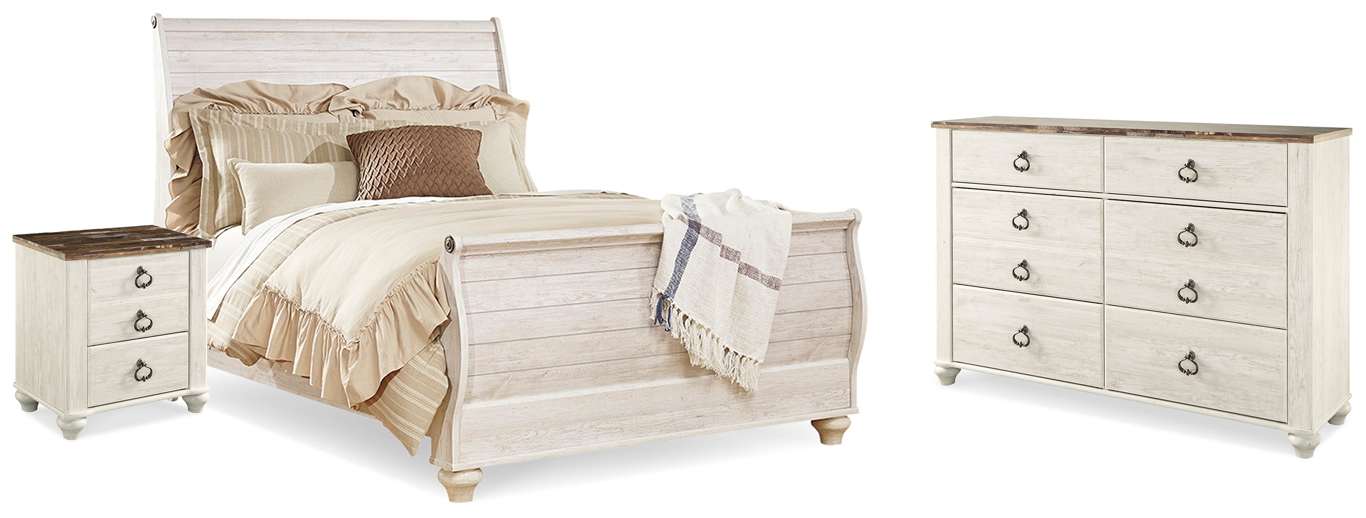 Diamond Furniture - Ashley Furniture - Willowton Queen Sleigh Bed, Dresser and Nightstand - Queen Sleigh Bed, Dresser and Nightstand - B267B59