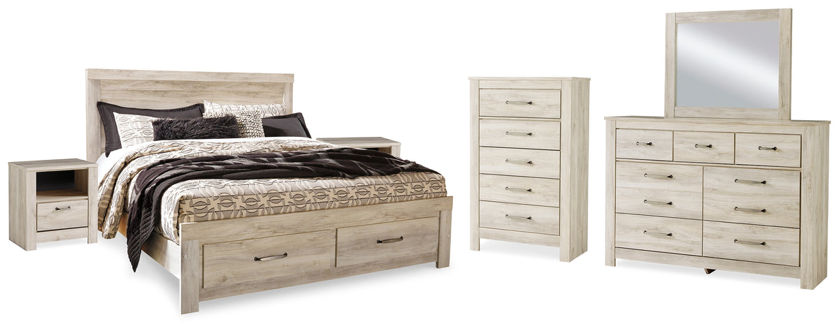 Diamond Furniture - Ashley Furniture - Bellaby King Storage Bed, Dresser, Mirror, Chest and 2 Nightstands - King Storage Bed, Dresser, Mirror, Chest and 2 Nightstands / Whitewash - B331B20