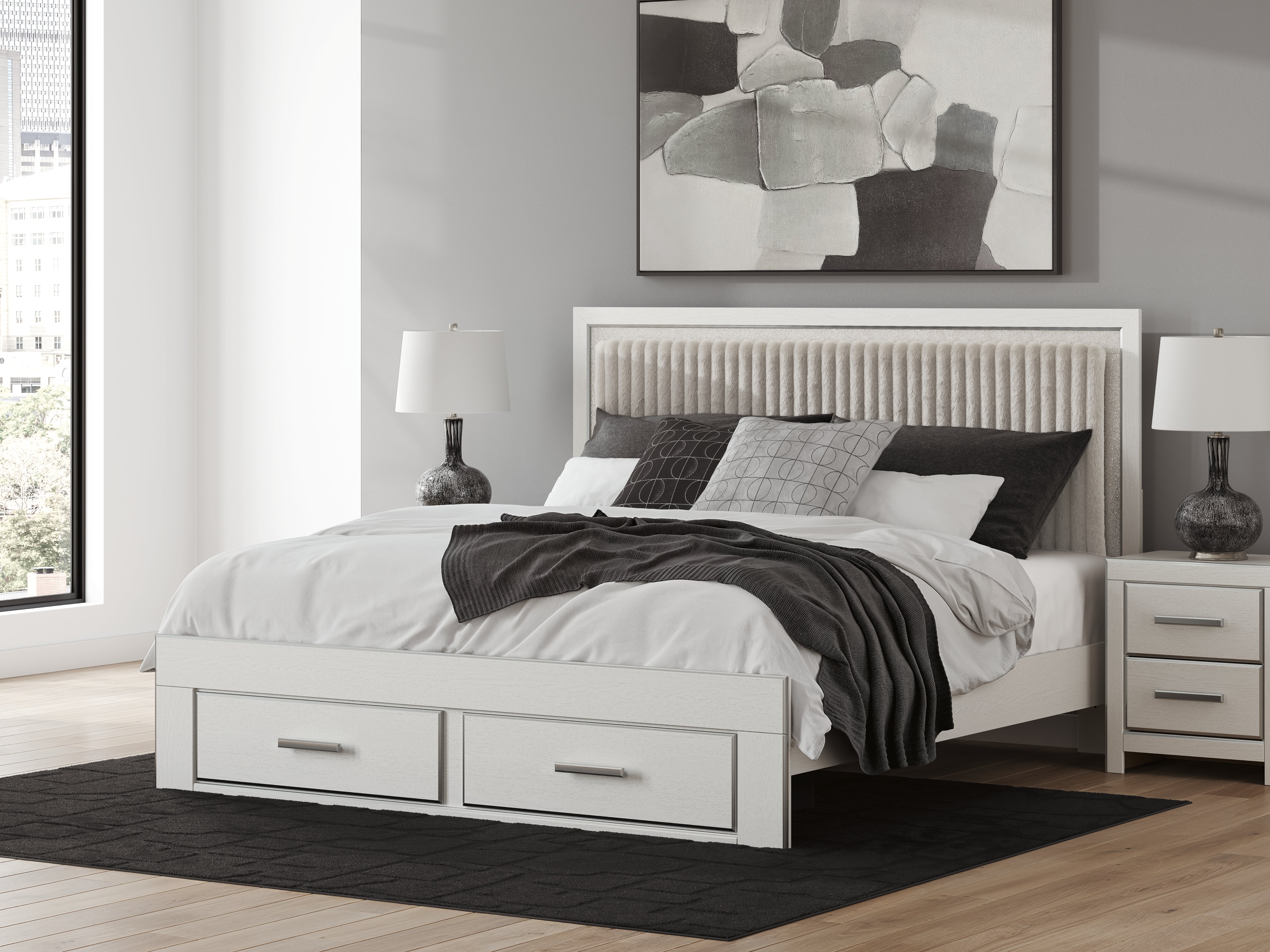Diamond Furniture - Ashley Furniture - Zuraleus King Upholstered Panel Storage Bed - King Upholstered Panel Storage Bed / White - PCB3381B9