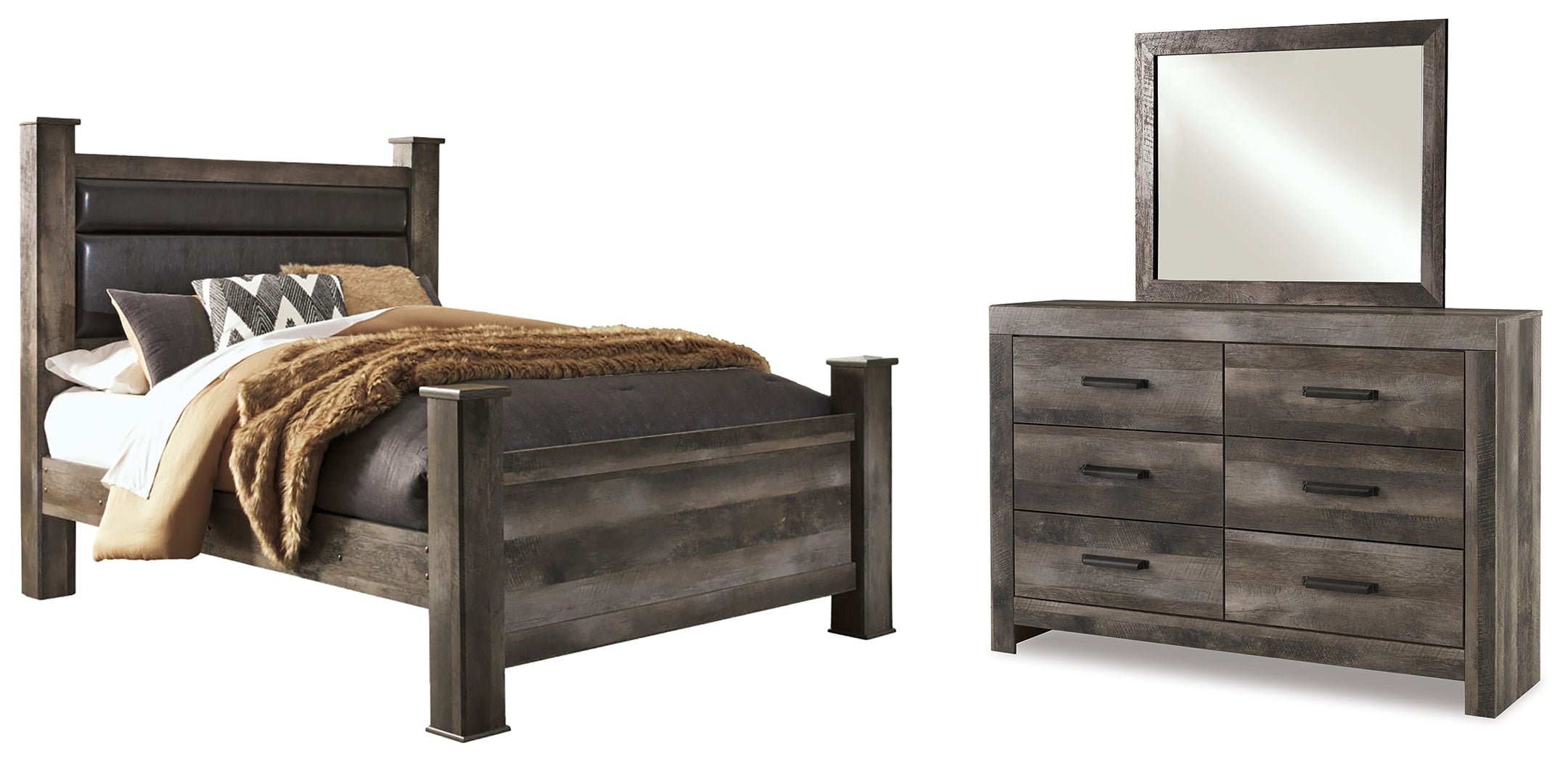 Diamond Furniture - Ashley Furniture - Wynnlow Queen Upholstered Poster Bed, Dresser and Mirror - Queen Upholstered Poster Bed, Dresser and Mirror - B440B12