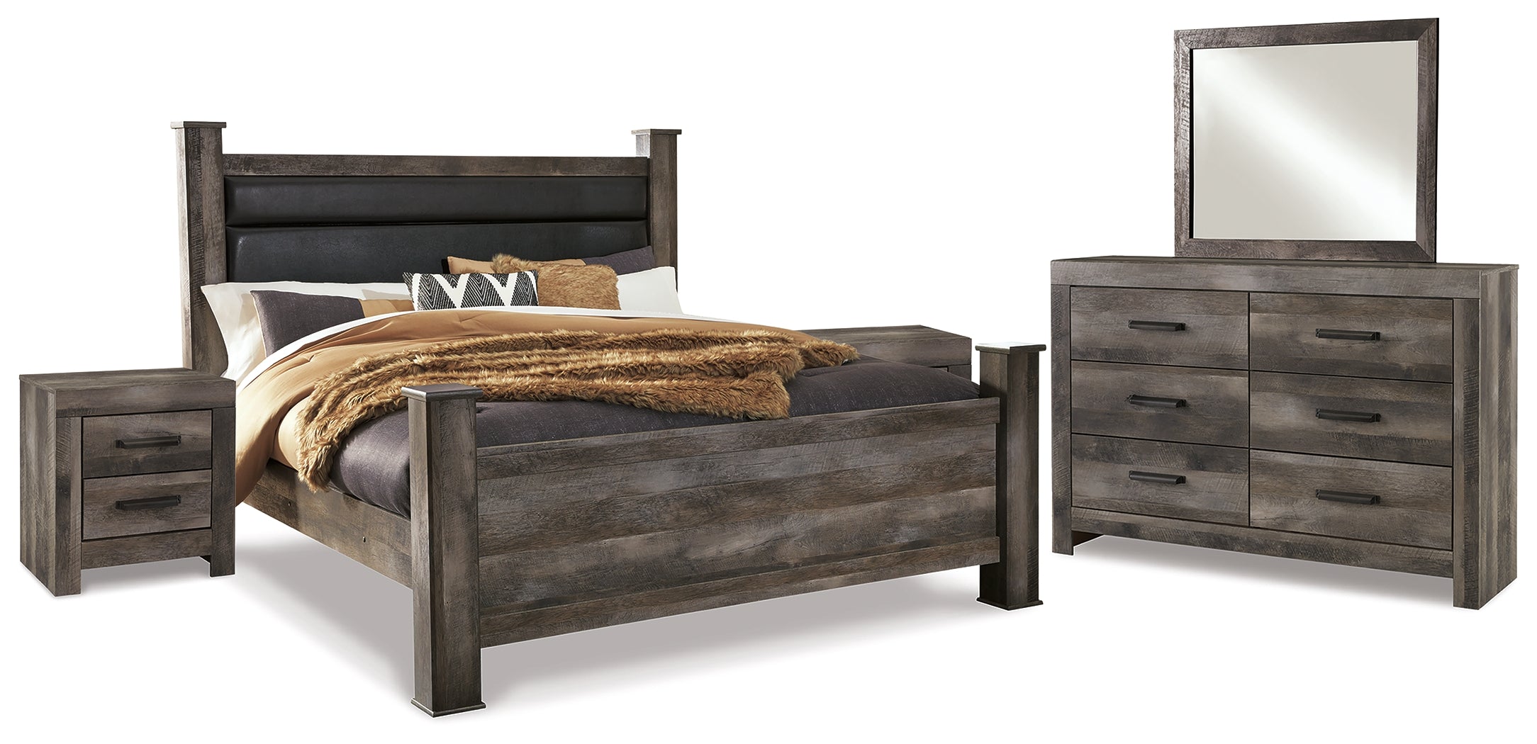 Diamond Furniture - Ashley Furniture - Wynnlow King Poster Bed - King Poster Bed, Dresser, Mirror and 2 Nightstands / Gray - B440B35