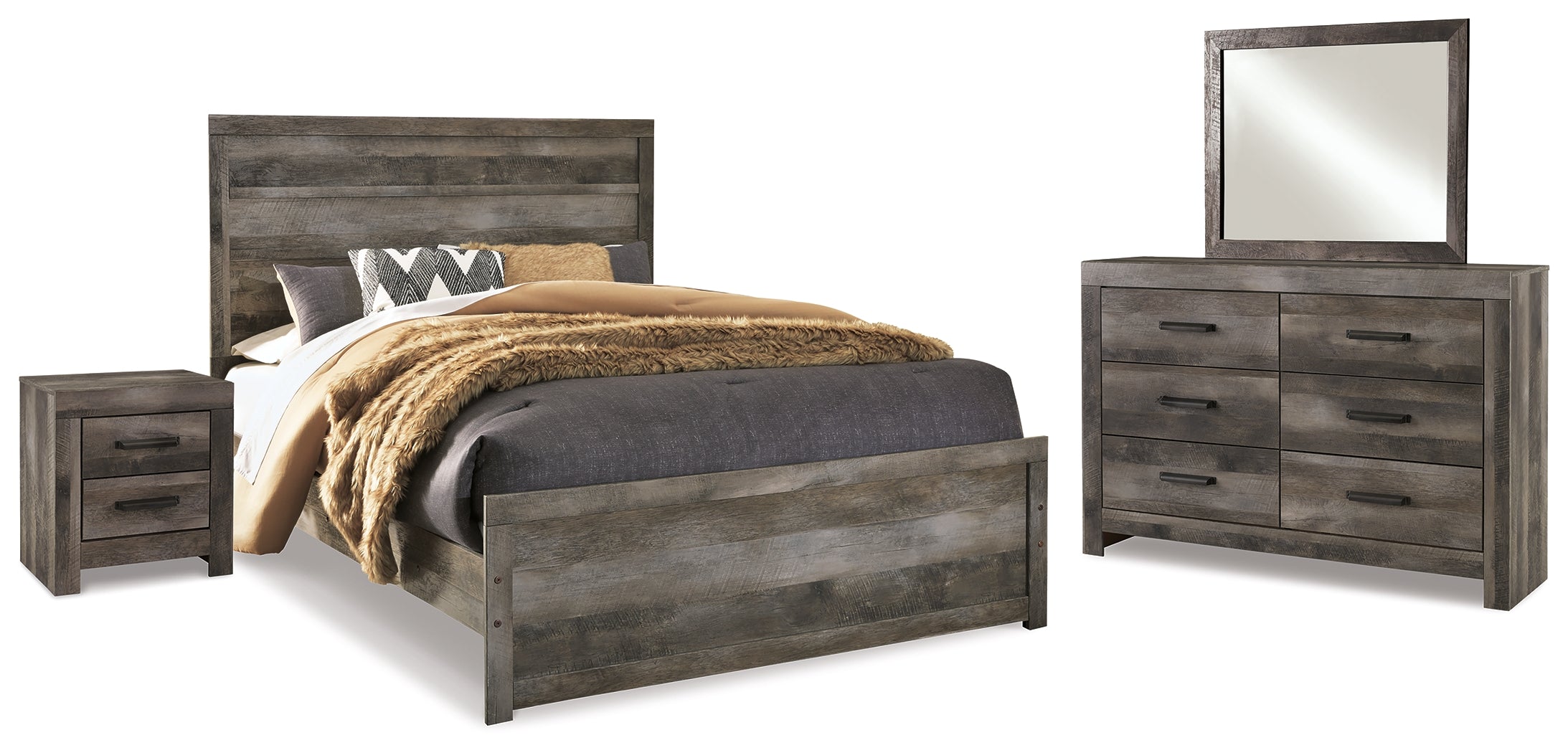 Diamond Furniture - Ashley Furniture - Wynnlow Queen Panel Bed with Mirrored Dresser and Nightstand - Queen Panel Bed with Mirrored Dresser and Nightstand / Gray - B440B22