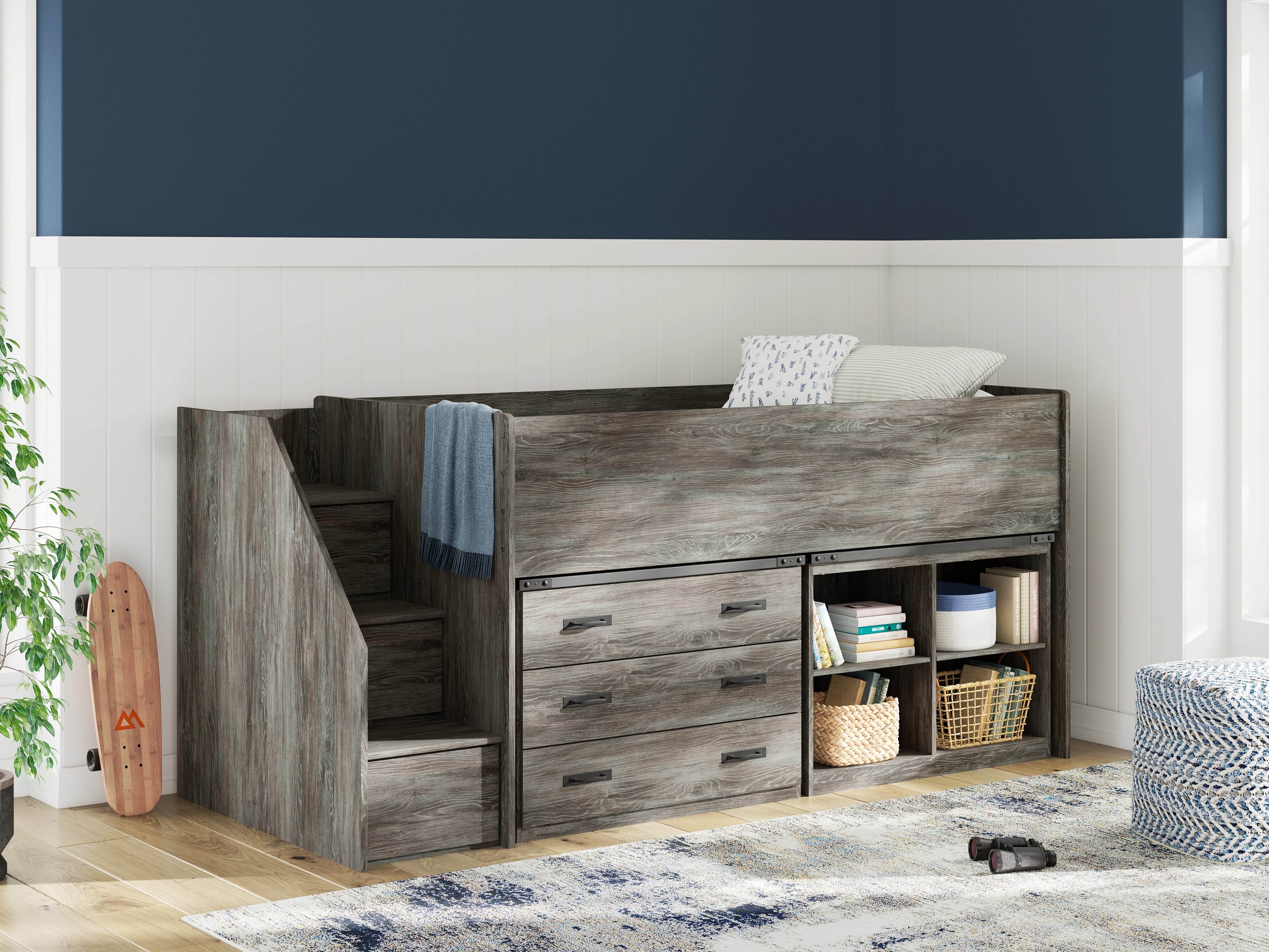 Diamond Furniture - Ashley Furniture - Frandern Bedroom - Twin Loft  Bed with Bookcase and Drawer Storage / Gray - B4480B16