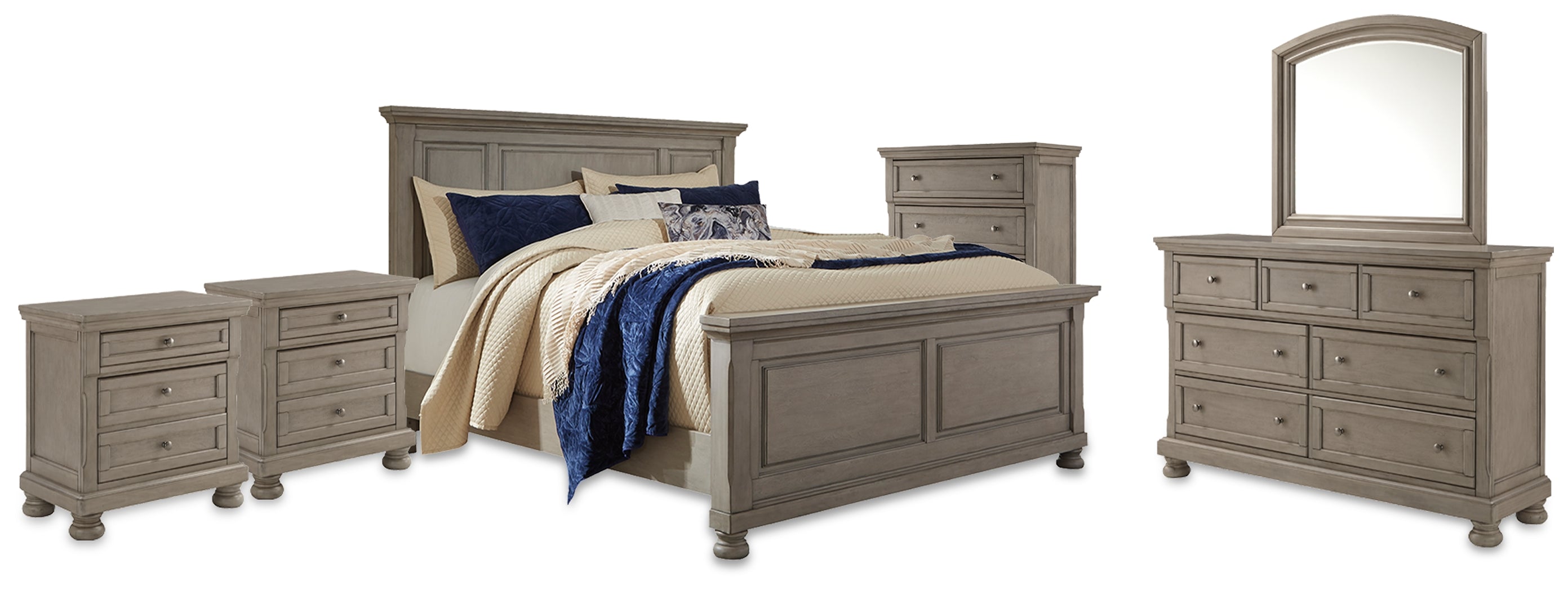 Diamond Furniture - Ashley Furniture - Lettner King Panel Bed, Dresser, Mirror, Chest and 2 Nightstands - King Panel Bed, Dresser, Mirror, Chest and 2 Nightstands - B733B58