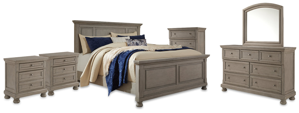 Diamond Furniture - Ashley Furniture - Lettner King Panel Bed, Dresser, Mirror, Chest and 2 Nightstands - King Panel Bed, Dresser, Mirror, Chest and 2 Nightstands - B733B58