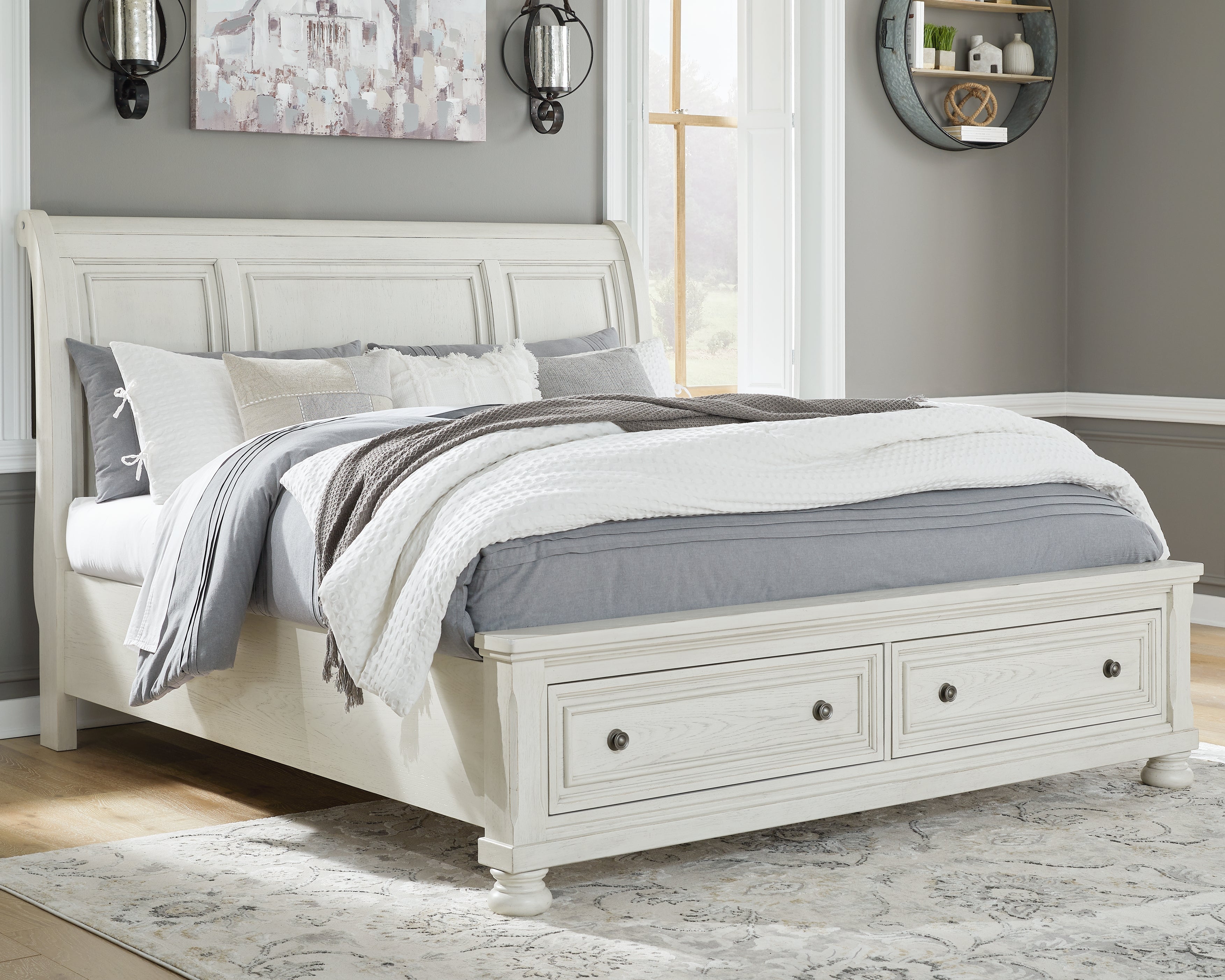 Diamond Furniture - Ashley Furniture - Robbinsdale Bedroom - King Sleigh Bed with Storage / Antique White - B742B8