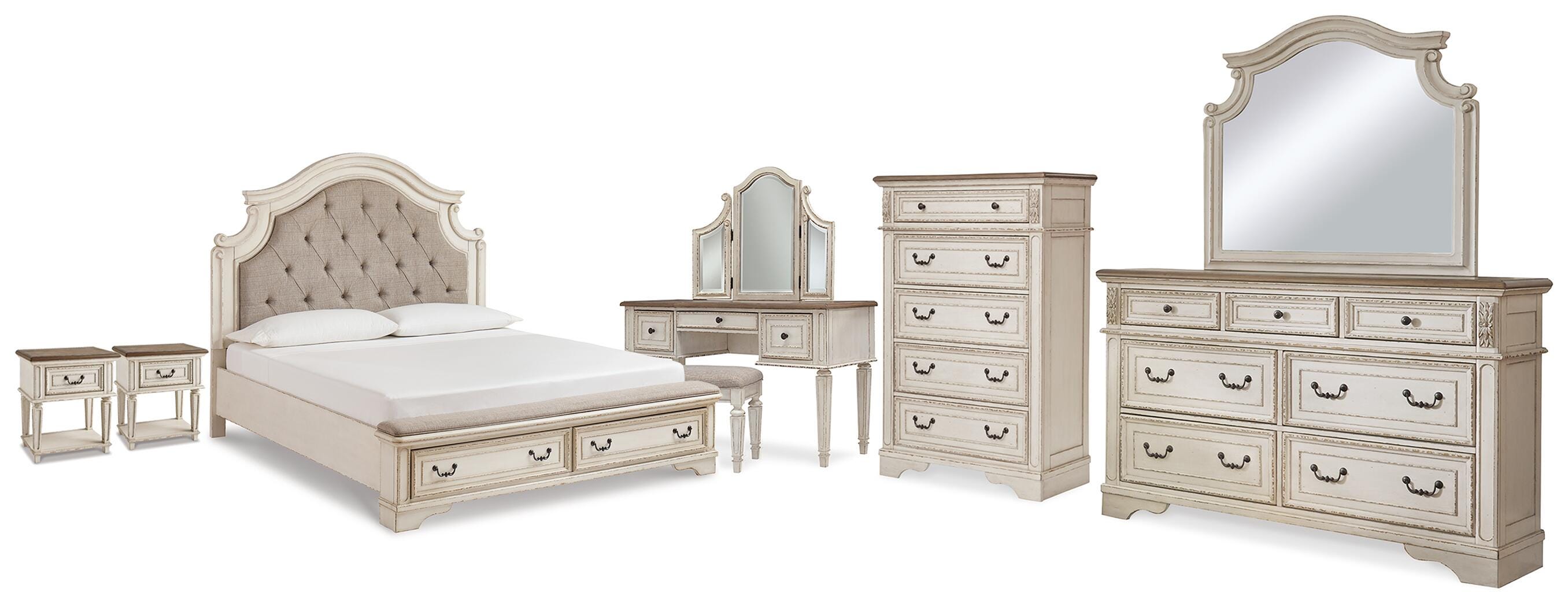 Diamond Furniture - Ashley Furniture - Realyn King Storage Bed, Dresser, Mirror, Chest, Vanity with Stool and 2 Nightstands - King Storage Bed, Dresser, Mirror, Chest, Vanity with Stool and 2 Nightstands - B743B107