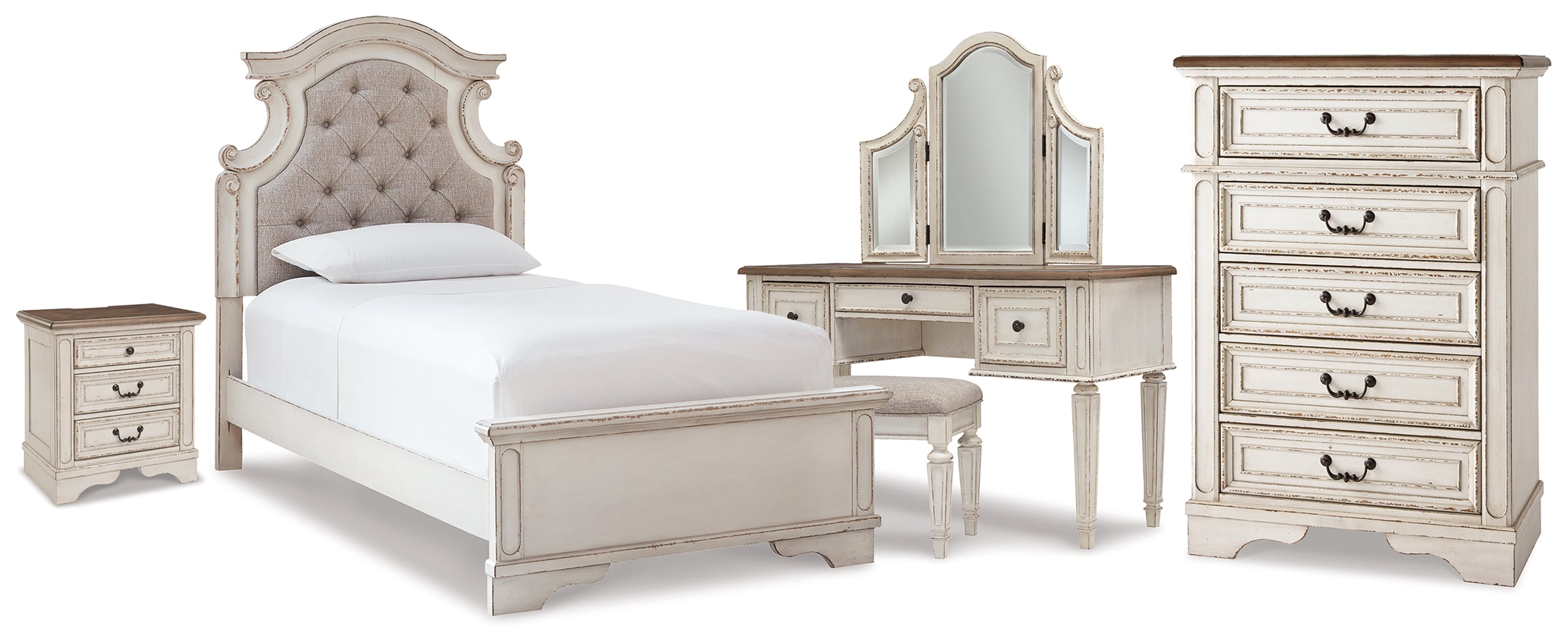 Diamond Furniture - Ashley Furniture - Realyn Twin Upholstered Panel Bed, Chest, Vanity and Nightstand - Twin Upholstered Panel Bed, Chest, Vanity and Nightstand - B743B99