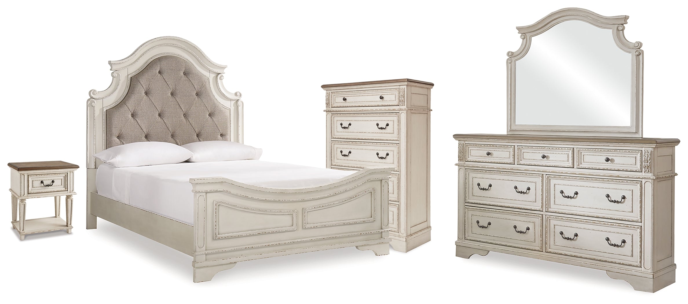 Realyn Queen Panel Bed, Dresser, Mirror, Chest and Nightstand