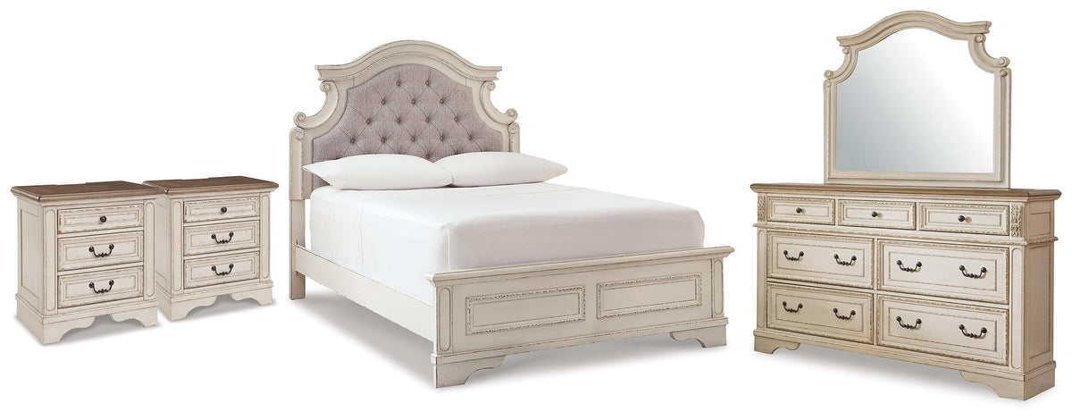 Diamond Furniture - Ashley Furniture - Realyn Full Upholstered Panel Bed, Dresser, Mirror and 2 Nightstands - Full Upholstered Panel Bed, Dresser, Mirror and 2 Nightstands - B743B105