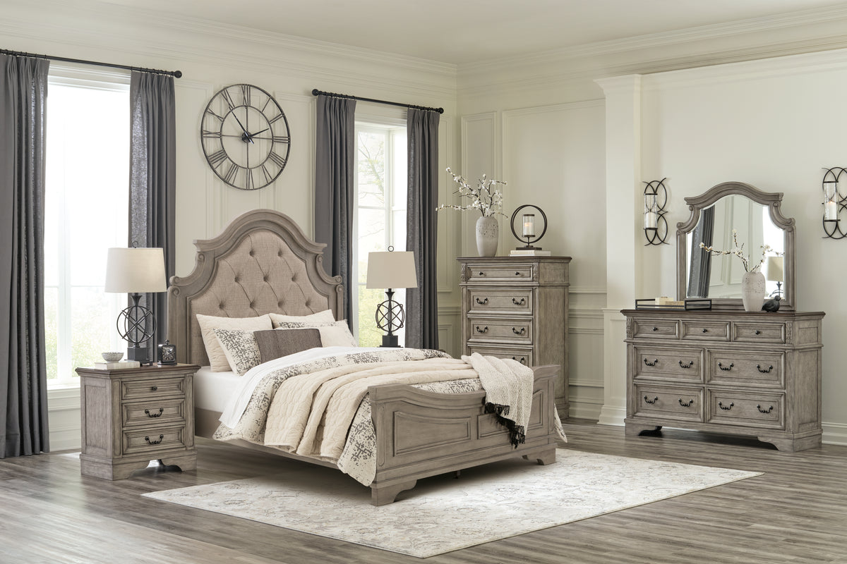 Diamond Furniture - Ashley Furniture - Lodenbay Queen Upholstered Panel Bed, Dresser, Mirror, Chest and Nightstand - Queen Upholstered Panel Bed, Dresser, Mirror, Chest and Nightstand / Antique Gray - B751B9