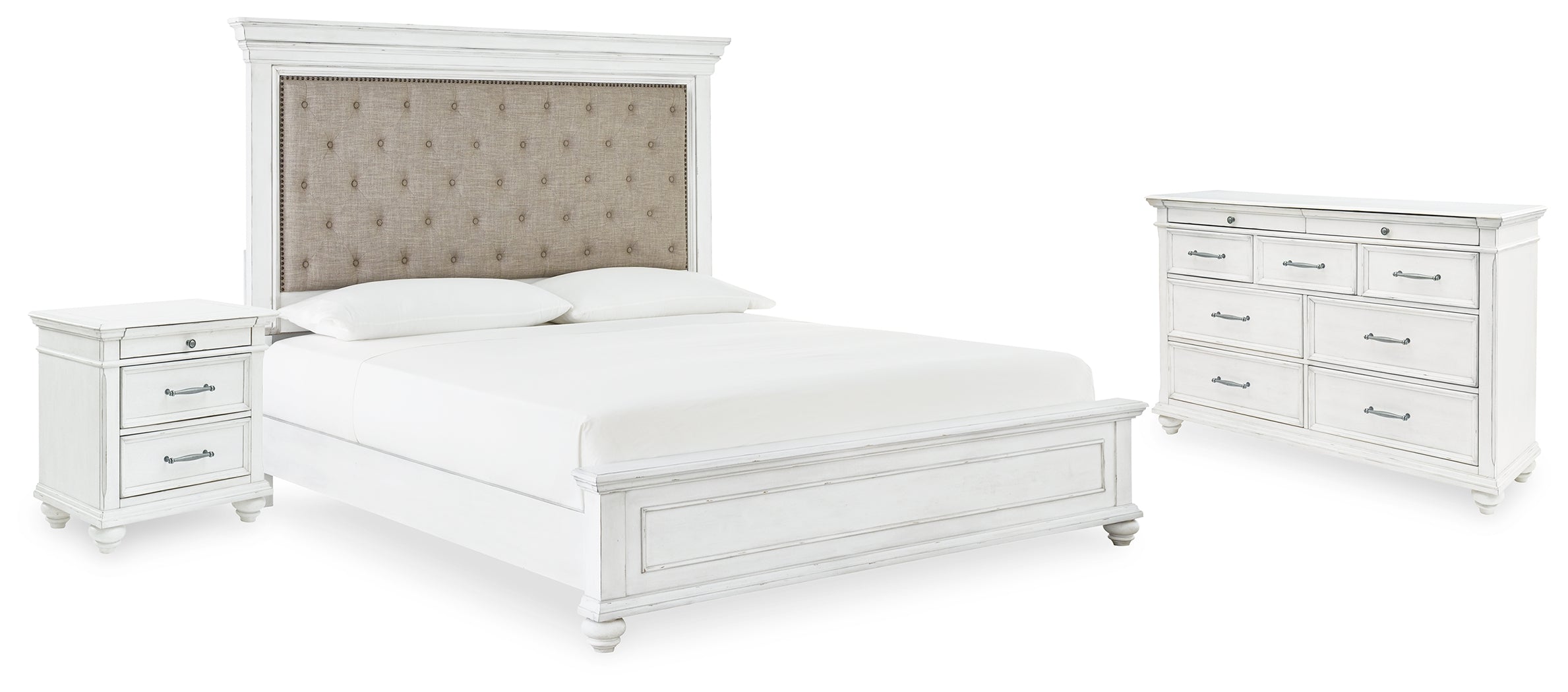 Diamond Furniture - Ashley Furniture - Kanwyn Queen Upholstered Panel Bed, Dresser, and Nightstand - Queen Upholstered Panel Bed, Dresser, and Nightstand - B777B17