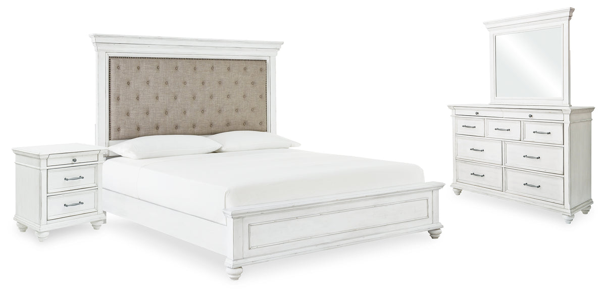 Diamond Furniture - Ashley Furniture - Kanwyn Queen Upholstered Panel Bed, Dresser, Mirror, and Nightstand - Queen Upholstered Panel Bed, Dresser, Mirror, and Nightstand - B777B16