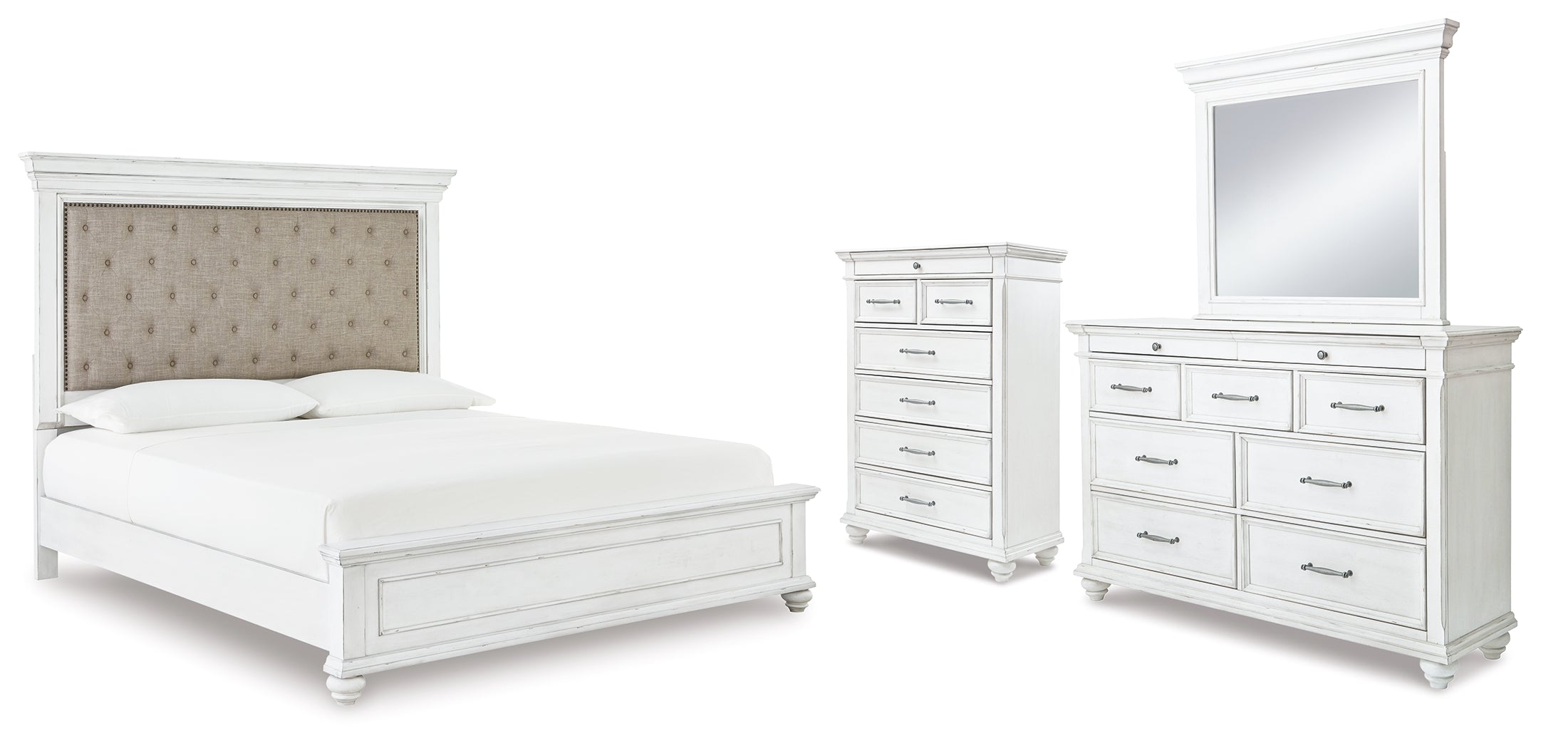 Diamond Furniture - Ashley Furniture - Kanwyn Cal King Upholstered Panel Bed, Dresser, Mirror and Chest - Cal King Upholstered Panel Bed, Dresser, Mirror and Chest - B777B23