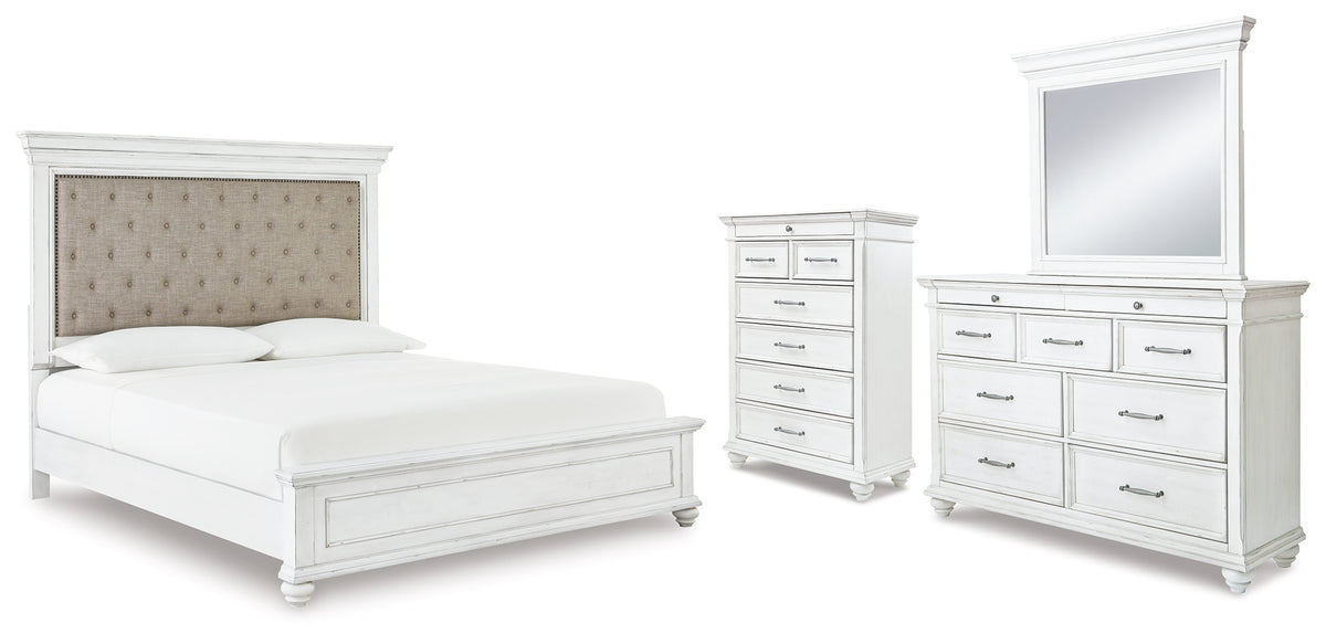 Diamond Furniture - Ashley Furniture - Kanwyn Cal King Upholstered Panel Bed, Dresser, Mirror and Chest - Cal King Upholstered Panel Bed, Dresser, Mirror and Chest - B777B23