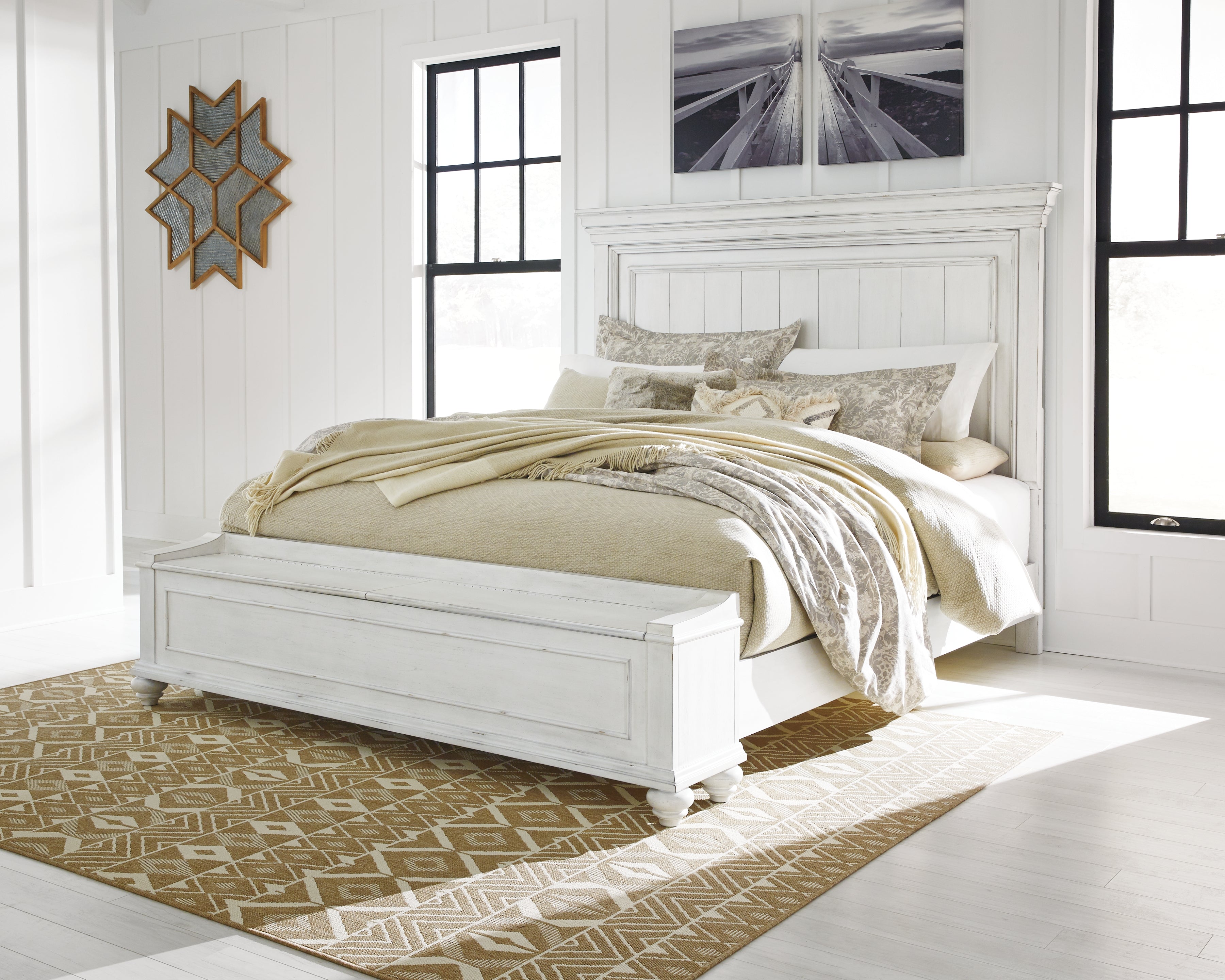Diamond Furniture - Ashley Furniture - Kanwyn Bedroom - California King Panel Bed with Storage Bench / Whitewash - B777B12