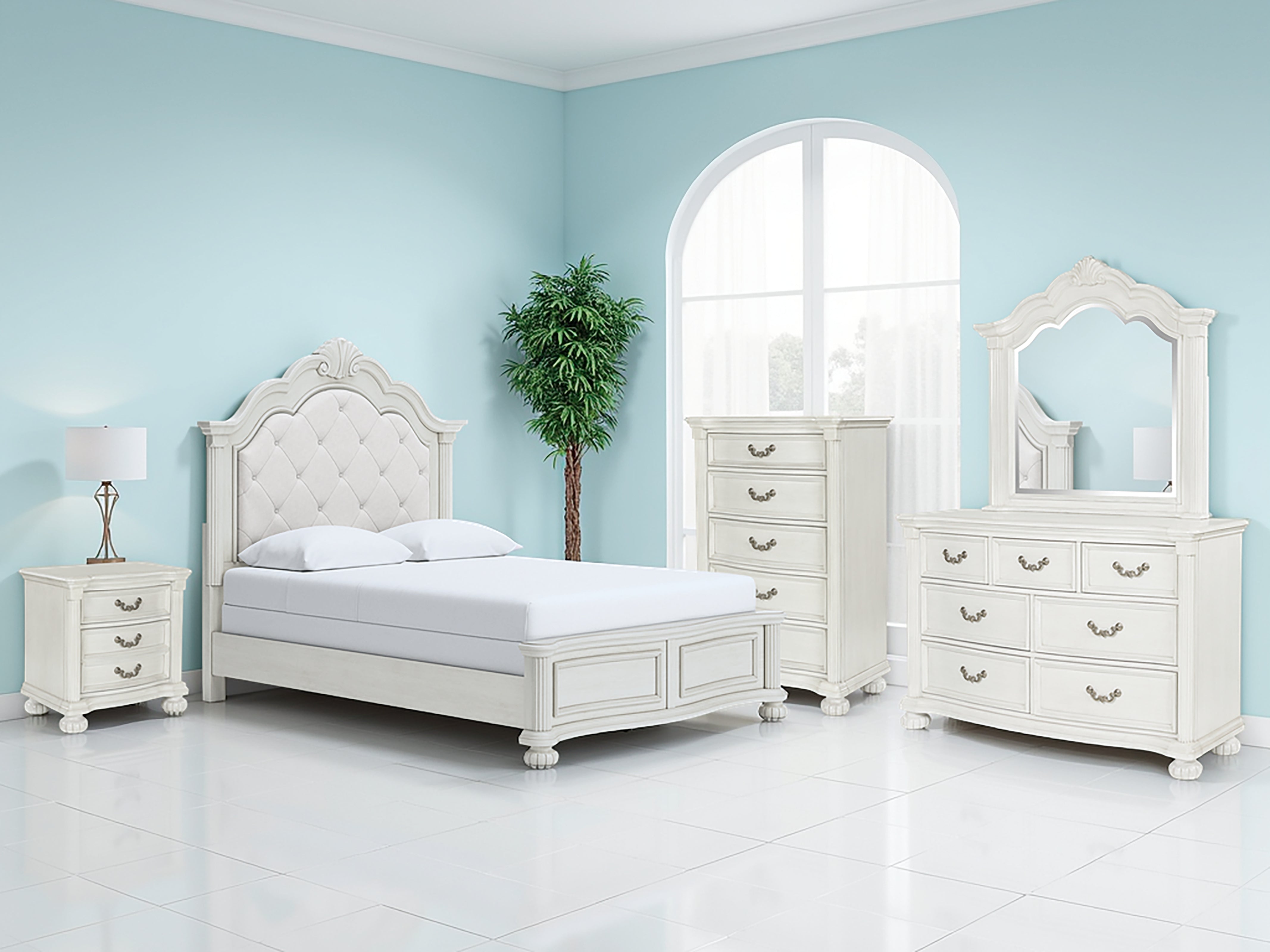 Diamond Furniture - Ashley Furniture - Montelaine Bedroom - Queen Upholstered Panel Bed / Antique White - B795B2