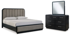 Diamond Furniture - Ashley Furniture - Rowanbeck King Upholstered Panel Bed, Dresser and Mirror - King Upholstered Panel Bed, Dresser and Mirror - B821B6