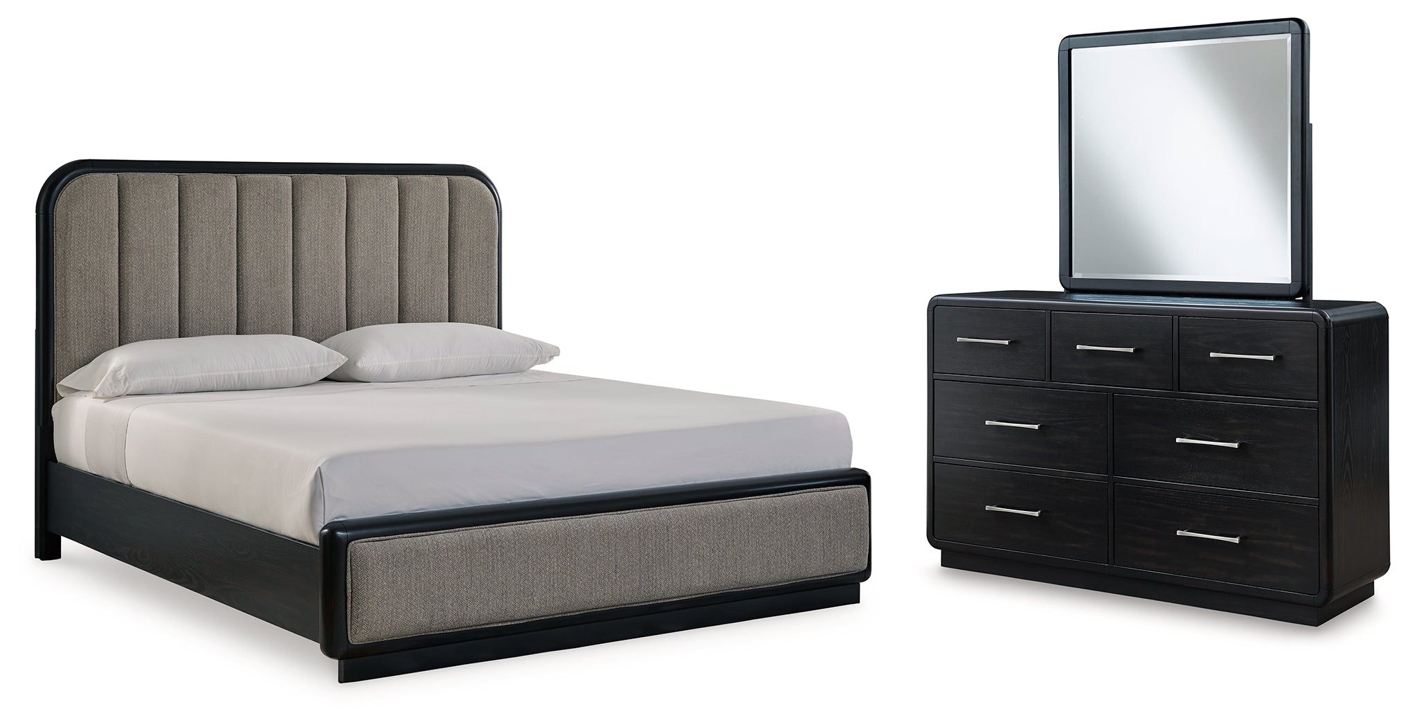 Diamond Furniture - Ashley Furniture - Rowanbeck California King Upholstered Panel Bed, Dresser and Mirror - California King Upholstered Panel Bed, Dresser and Mirror - B821B7