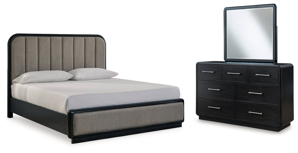 Diamond Furniture - Ashley Furniture - Rowanbeck California King Upholstered Panel Bed, Dresser and Mirror - California King Upholstered Panel Bed, Dresser and Mirror - B821B7