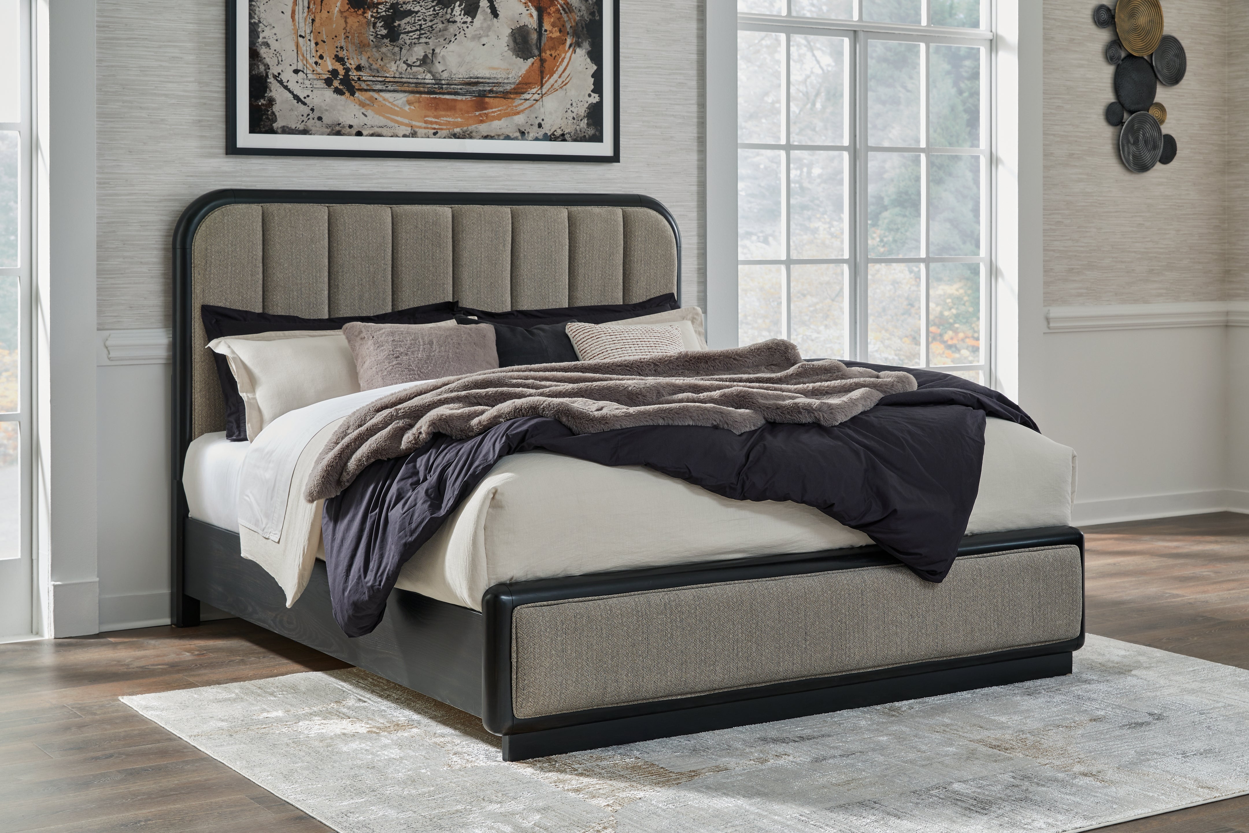 Diamond Furniture - Ashley Furniture - Rowanbeck Bedroom - King Upholstered Panel Bed / Gray/Black - B821B4