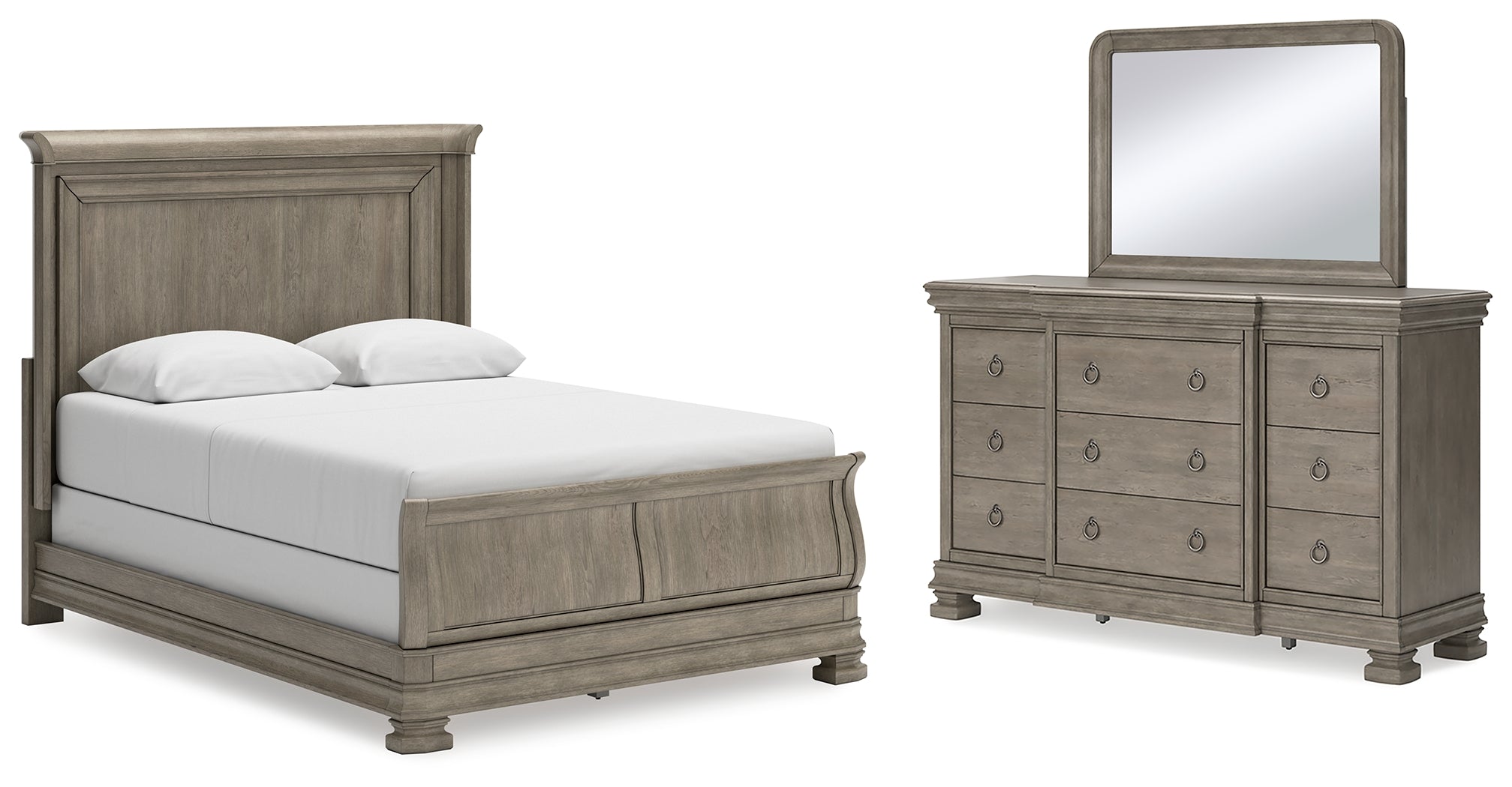 Diamond Furniture - Ashley Furniture - Lexorne Queen Sleigh Bed, Dresser and Mirror - Queen Sleigh Bed, Dresser and Mirror / Gray - B924B3