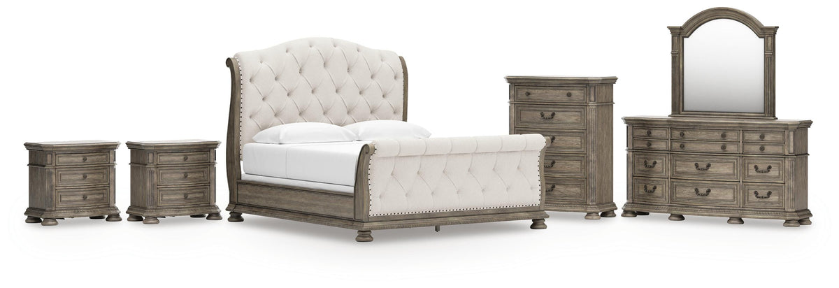 Diamond Furniture - Ashley Furniture - Ardenfield King Upholstered Sleigh Bed, Dresser, Mirror, Chest and 2 Nightstands - King Upholstered Sleigh Bed, Dresser, Mirror, Chest and 2 Nightstands - B944B9