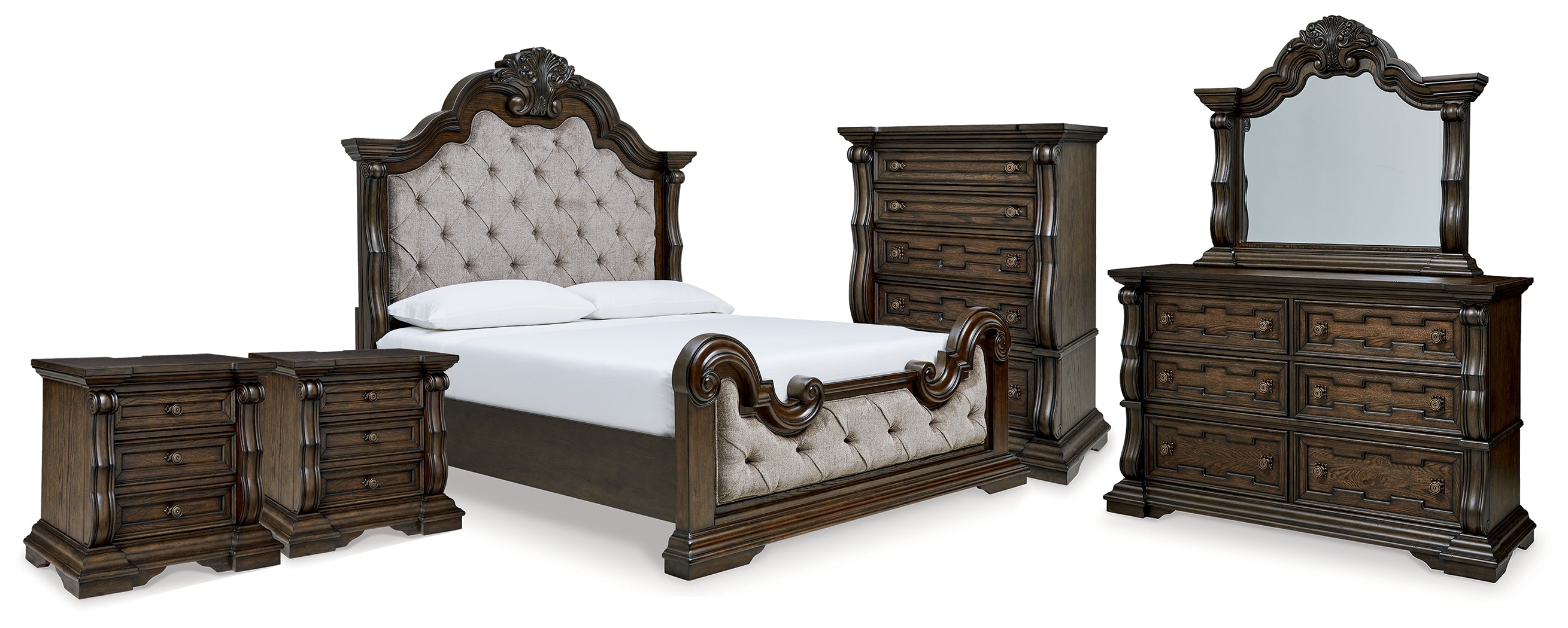 Diamond Furniture - Ashley Furniture - Maylee King Upholstered Bed, Dresser, Mirror, Chest and 2 Nightstands - King Upholstered Bed, Dresser, Mirror, Chest and 2 Nightstands - B947B13