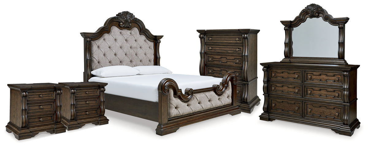 Diamond Furniture - Ashley Furniture - Maylee King Upholstered Bed, Dresser, Mirror, Chest and 2 Nightstands - King Upholstered Bed, Dresser, Mirror, Chest and 2 Nightstands - B947B13