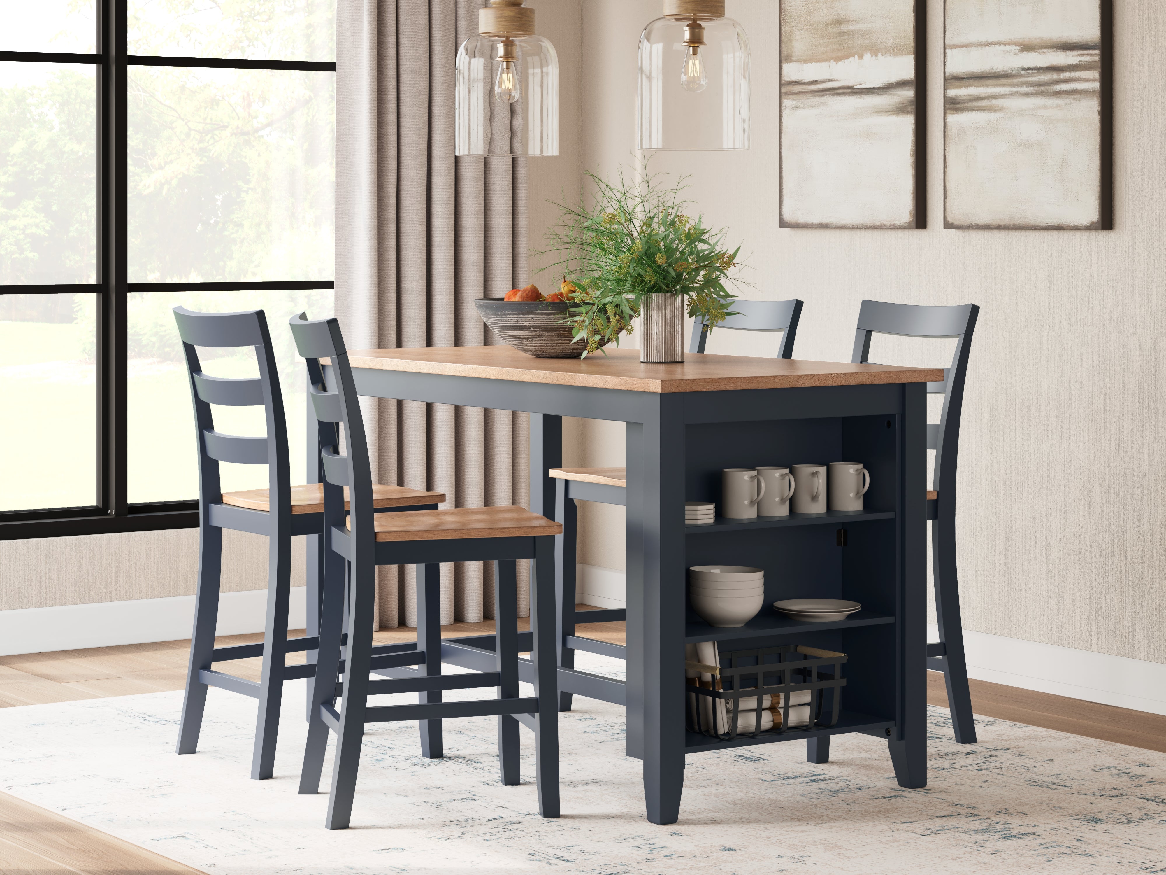 Diamond Furniture - Ashley Furniture - Gesthaven Counter Height Dining Table and 4 Barstools - Counter Height Dining Table and 4 Barstools / Natural/Blue - D399D2