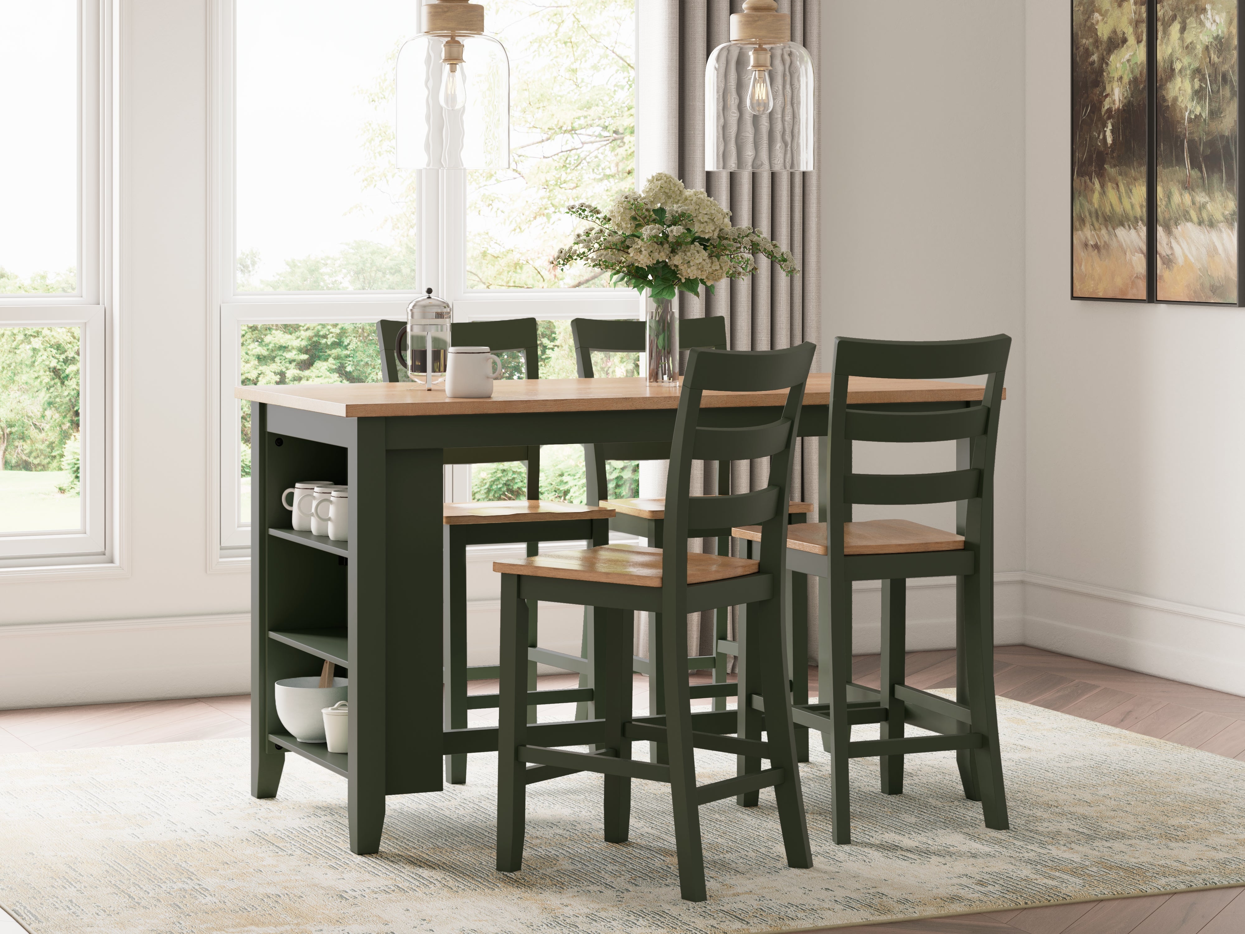 Diamond Furniture - Ashley Furniture - Gesthaven Counter Height Dining Table and 4 Barstools - Counter Height Dining Table and 4 Barstools / Natural/Green - D401D2