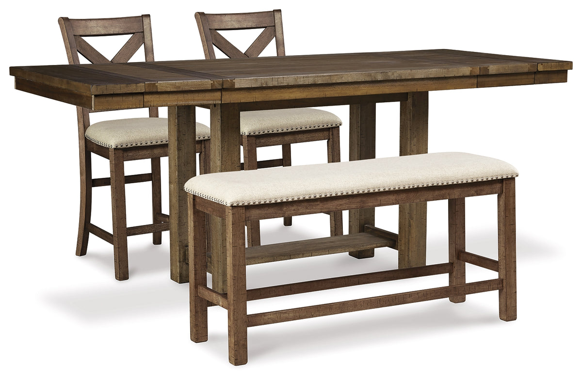 Diamond Furniture - Ashley Furniture - Moriville Counter Height Dining Table and 2 Barstools and Bench - Counter Height Dining Table and 2 Barstools and Bench - D631D9