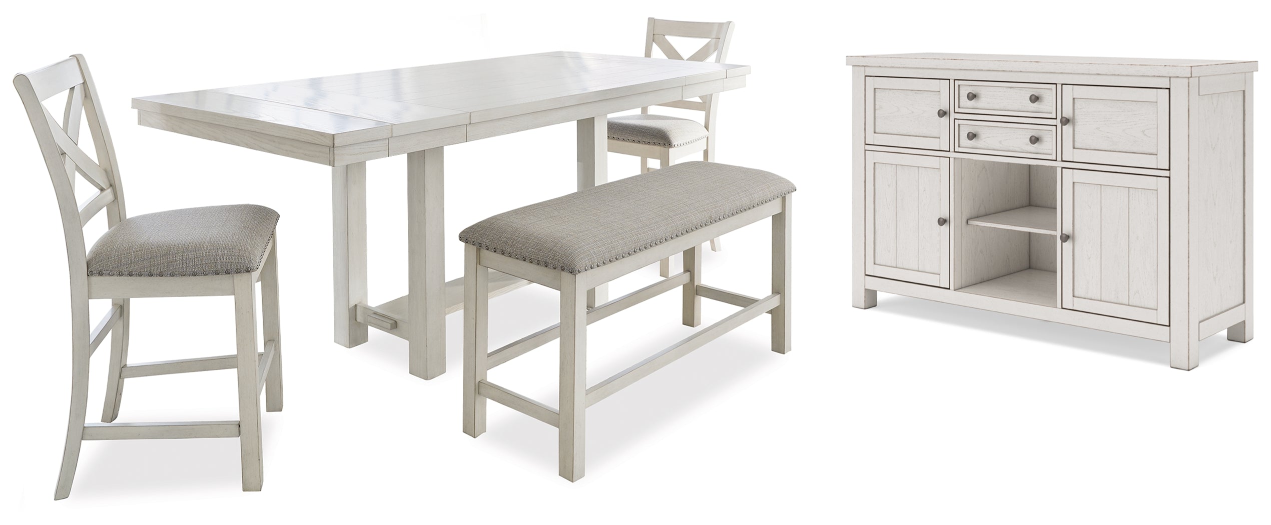 Diamond Furniture - Ashley Furniture - Robbinsdale Counter Height Dining Table, 2 Barstools, Bench and Server - Counter Height Dining Table, 2 Barstools, Bench and Server - D642D8