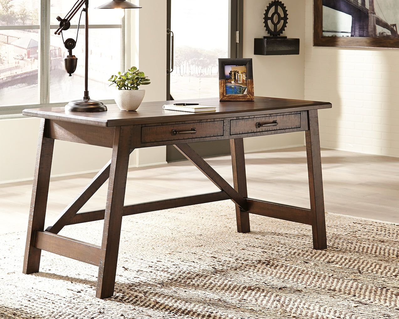 Diamond Furniture - Ashley Furniture - Baldridge Office Desk - Home Office Large Leg Desk / Rustic Brown - H675-44
