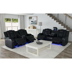Power Motion Sofa w/ Dropdown and LED Lights, and Power Motion Loveseat in Pebble Black