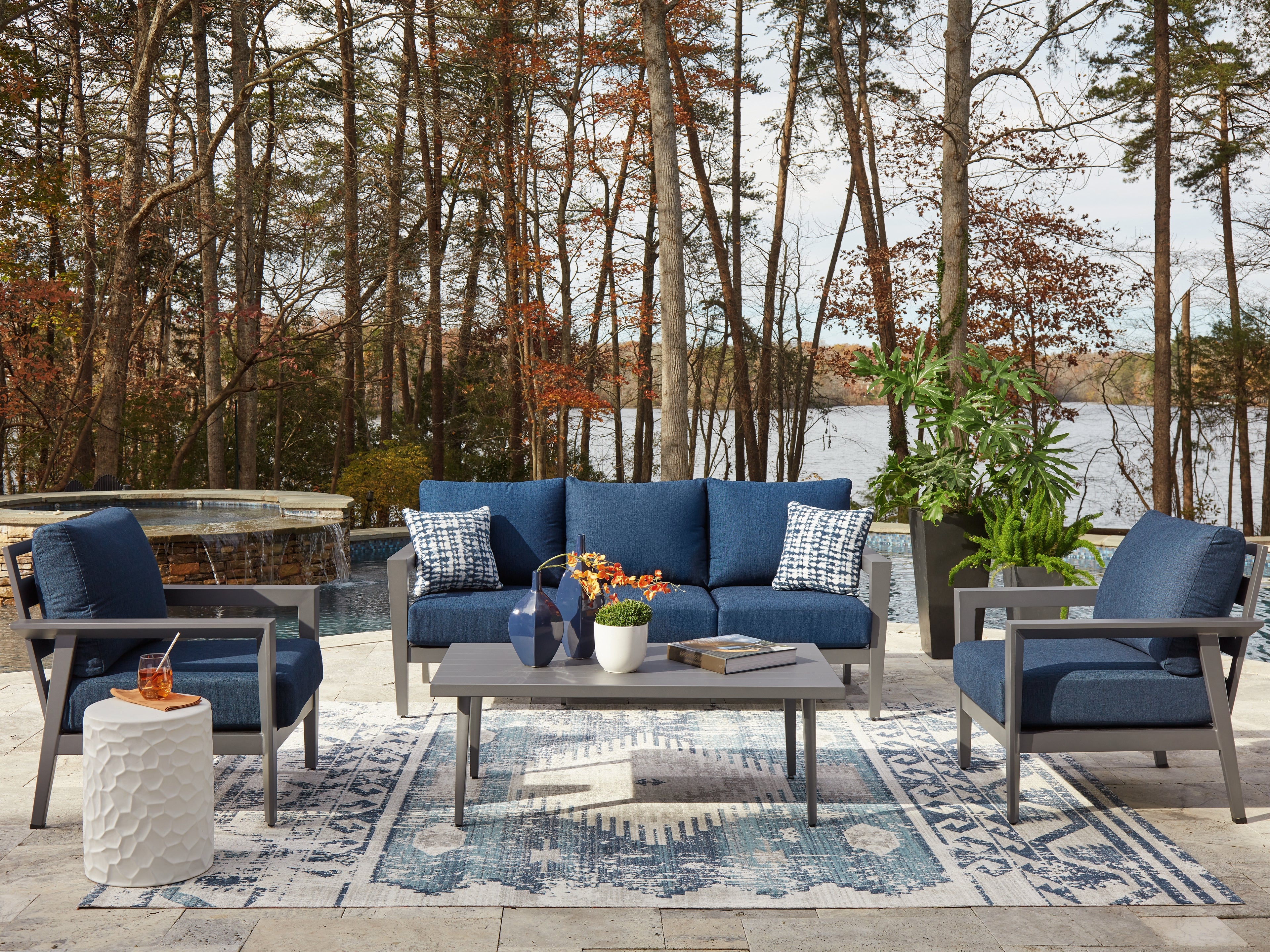 Diamond Furniture - Ashley Furniture - Gali Outdoor - Sofa/Chairs/Table Set (4/CN) / Gray/Blue - P275-081