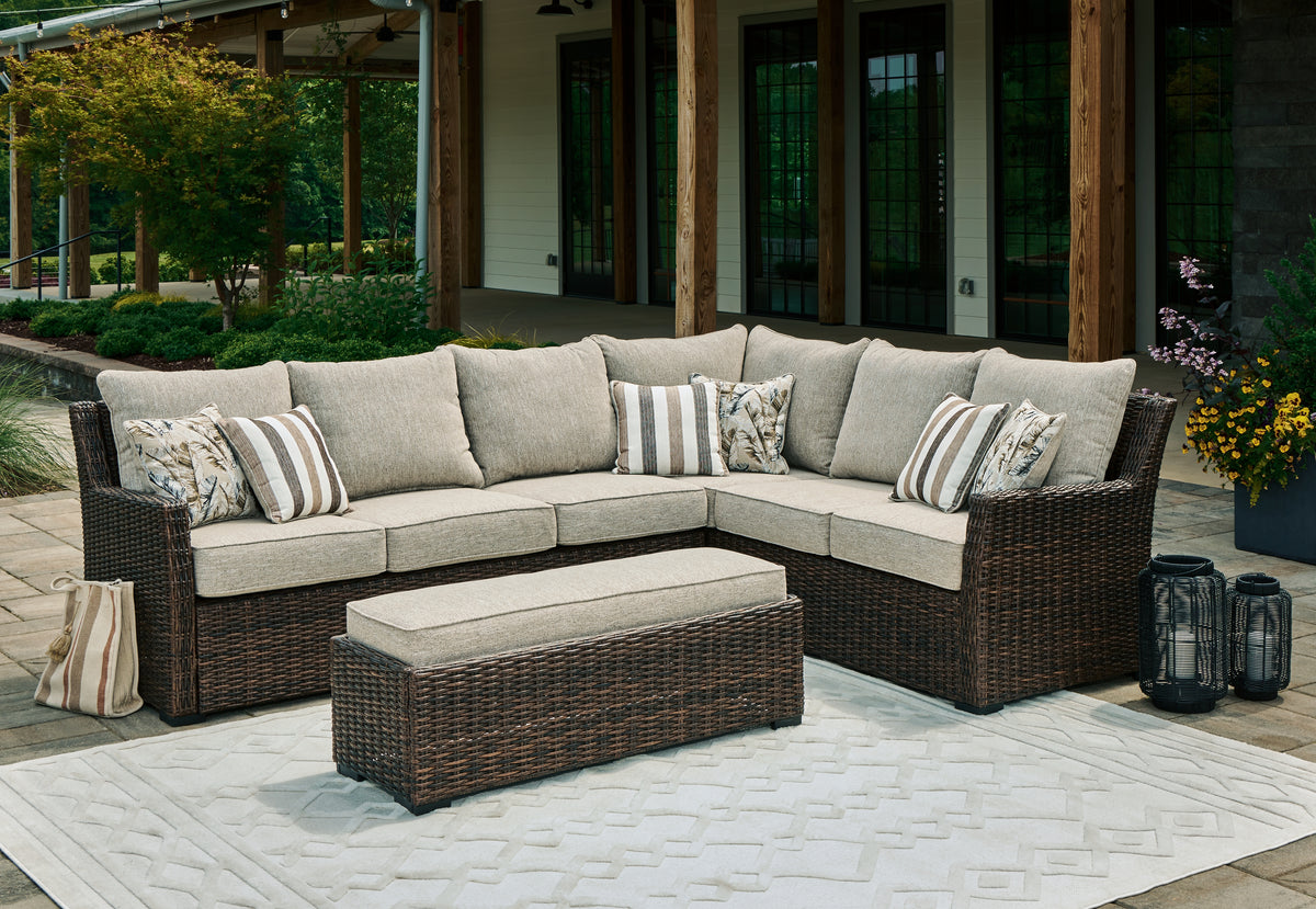 Diamond Furniture - Ashley Furniture - Brook Ranch Outdoor Sofa Sectional/Bench with Cushion (Set of 3) - Sofa SEC/Bench w/CUSH (3/CN) / Brown - P465-822