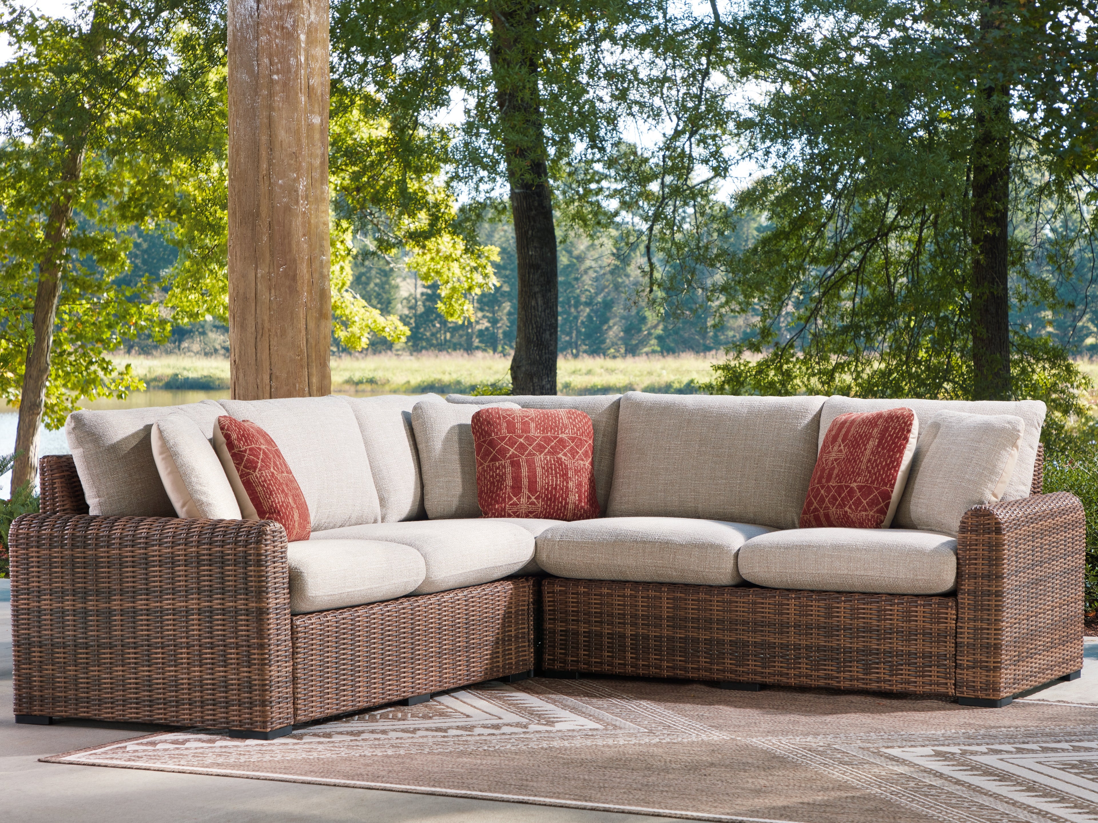 Diamond Furniture - Ashley Furniture - Dolan Creek Outdoor - 3-Piece Outdoor Sectional / Beige/Brown - PCP610P1