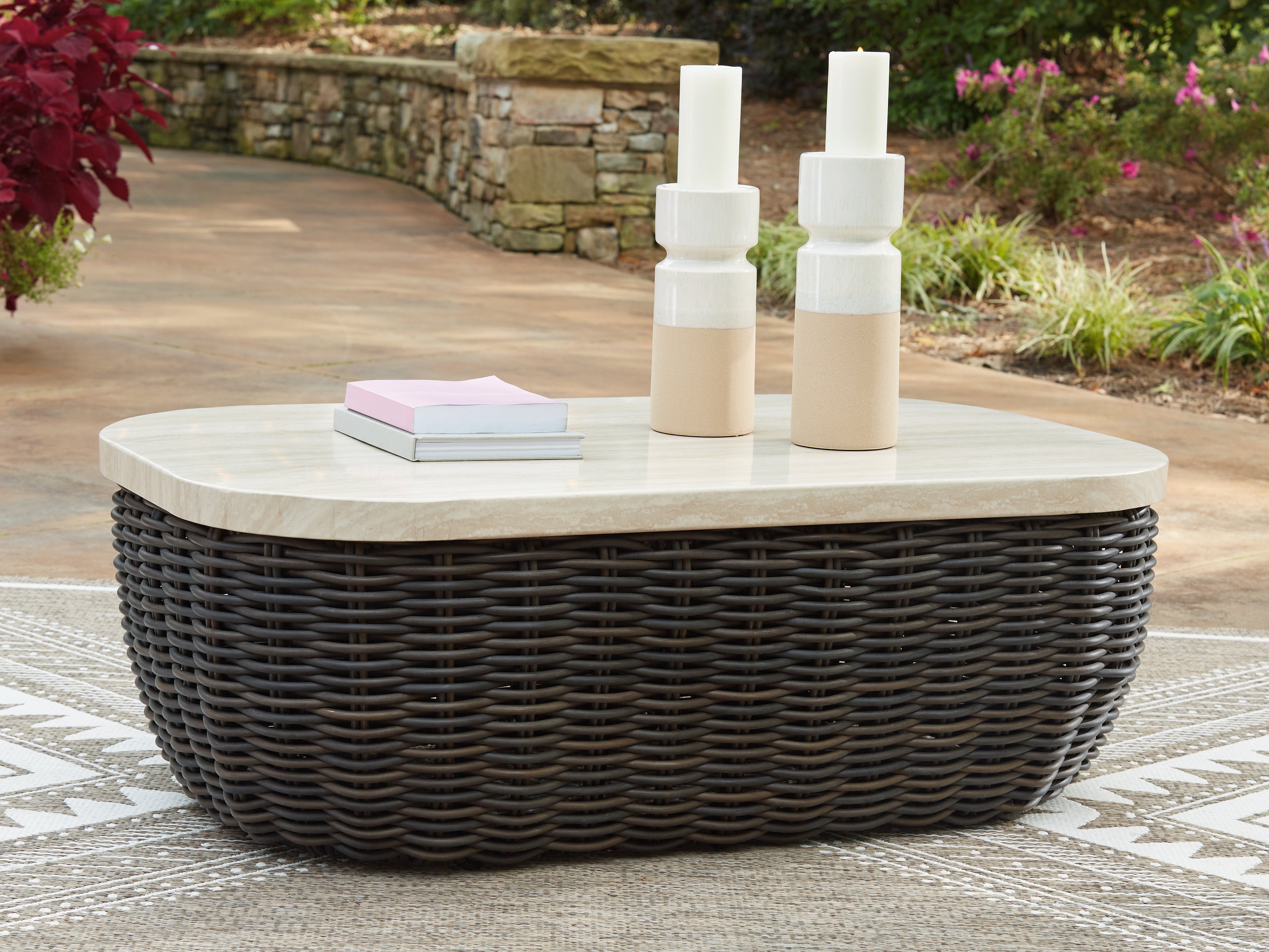 Diamond Furniture - Ashley Furniture - Kimora Outdoor - Rectangular Cocktail Table / Beige/Dark Brown - P711-701