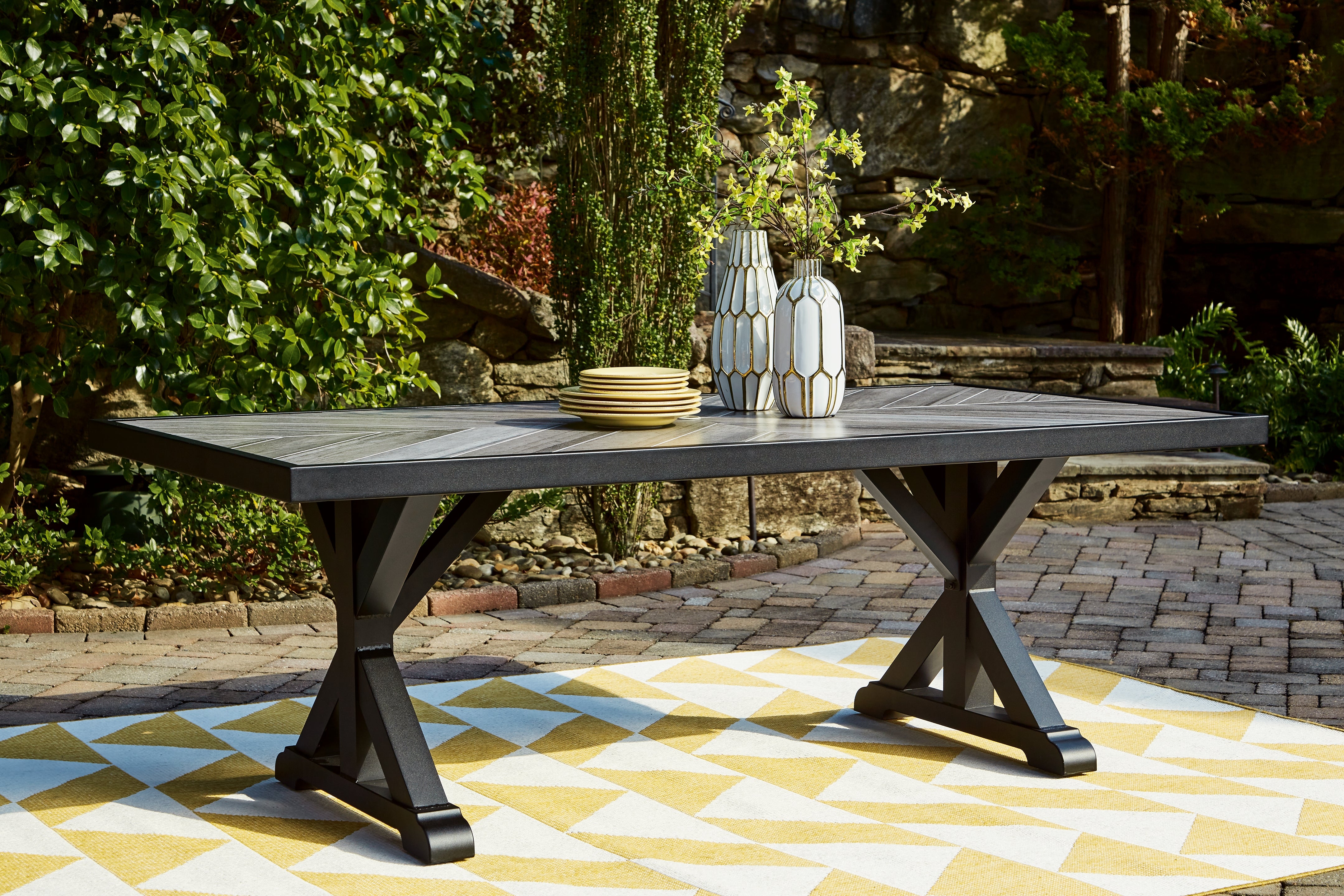 Diamond Furniture - Ashley Furniture - Beachcroft Outdoor Dining Table - RECT Dining Table w/UMB OPT / Black/Light Gray - P792-625